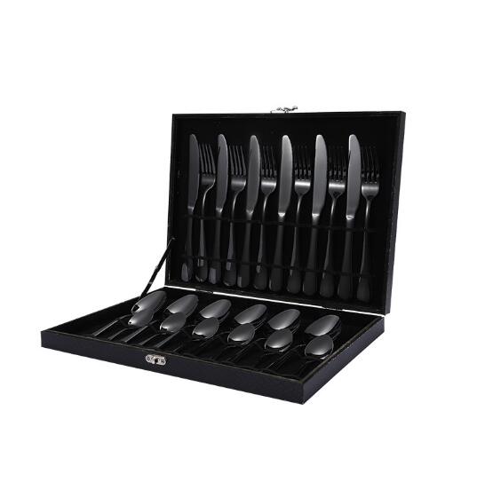 24PCS Tableware Flatware Set Non-fading Cutlery Sets 18/10 Stainless Steel Dinnerware Rainbow Dinner Kitchen Home Wood Gift Box