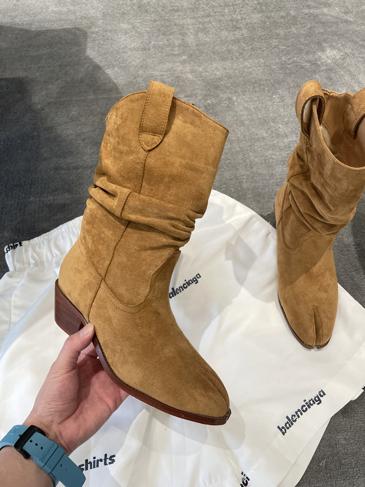 Fashion Tabi Split Toe Ankle Boots Solid Pleated Chunky Heel Boots Banquet Runway Shoe for Women 2023 Autumn Newest Novelty Sexy