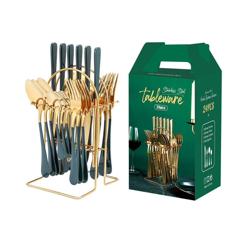 Stainless steel tableware 24 pieces set Western steak knife fork spoon restaurant hotel with storage rack gift box