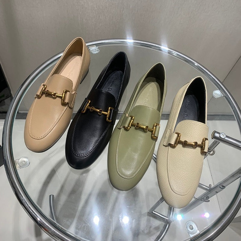 Women's shoes round toe sheepskin flat bottomed metal buckle leather loafers