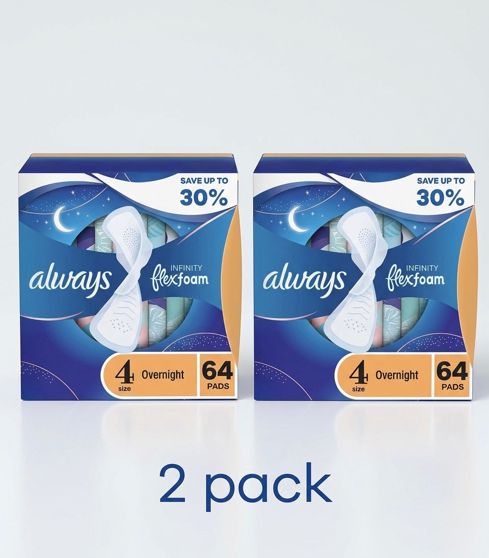 Always Infinity FlexFoam Overnight Pads Size 4 with Wings – 64 Ct