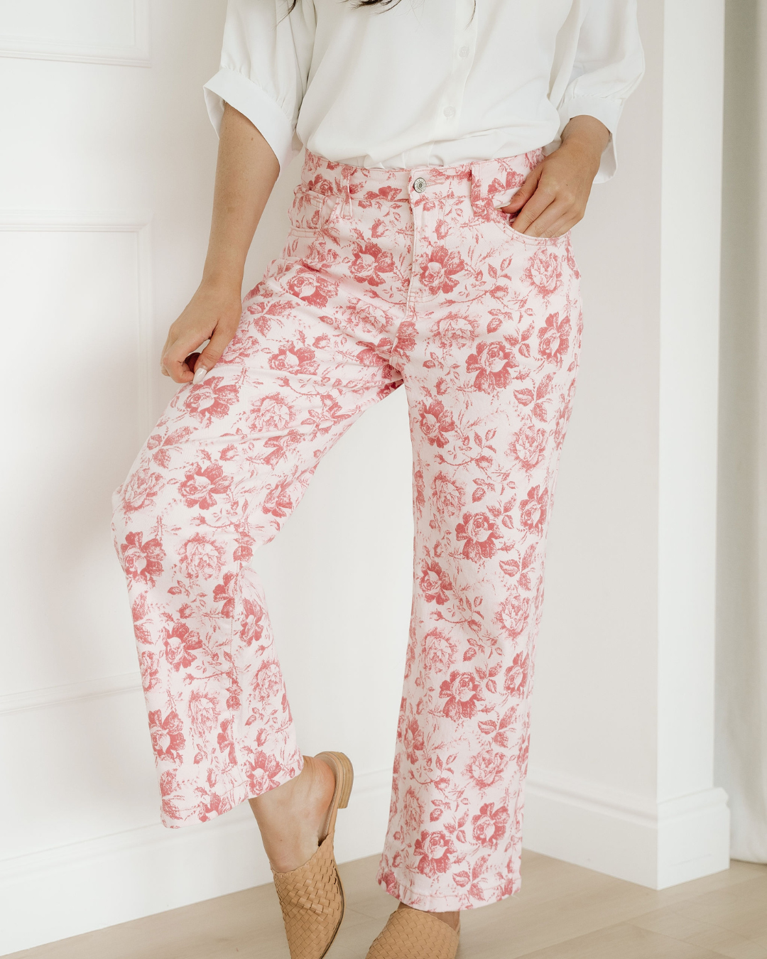 Pink Vintage Floral Print Denim Shift Pants