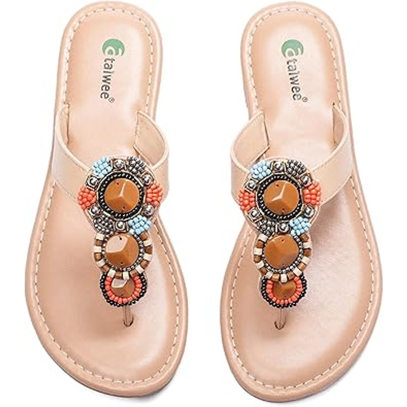 Ataiwee Womens Size 7.5 Brown Beaded Thong Flat Slide On Open Toe Sandals Shoes