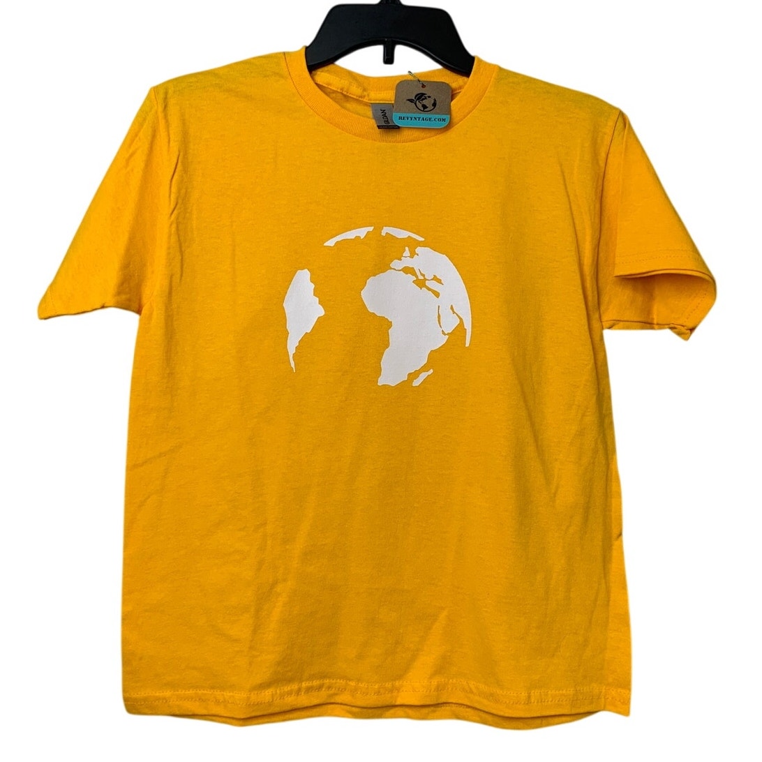 New Hand Printed Youth Medium Yellow Save Planet Earth Crew Neck Tee Shirt