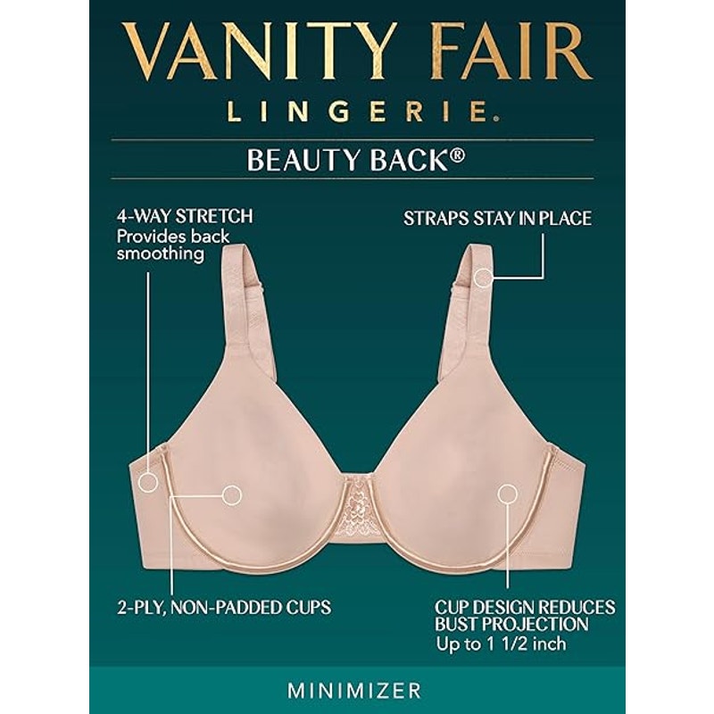 New Vanity Fair Womens 32DDD Black Beauty Back Smoothing Underwire Minimizer Bra