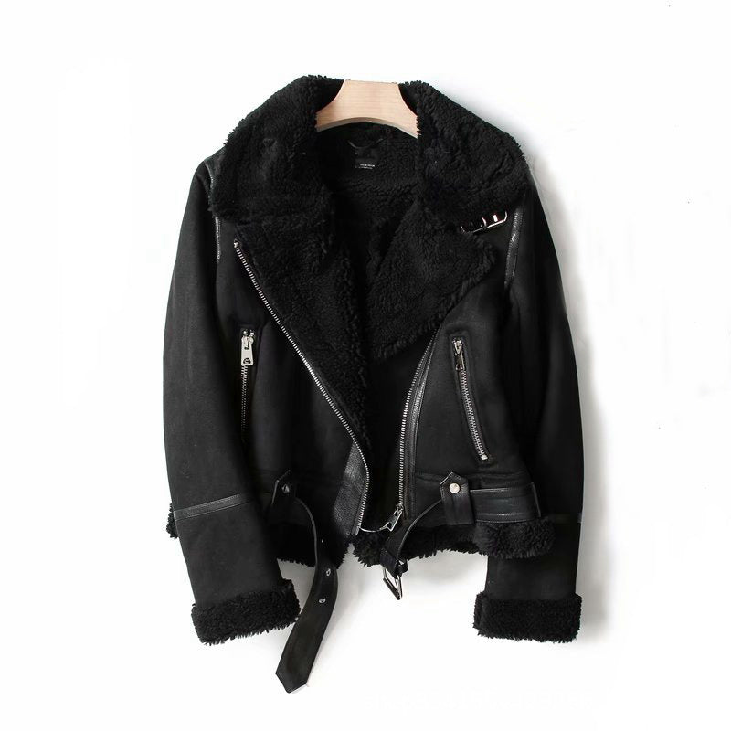 Suede Lamb Wool Warm Lapel Coat Motorcycle Clothing Women's Outwears