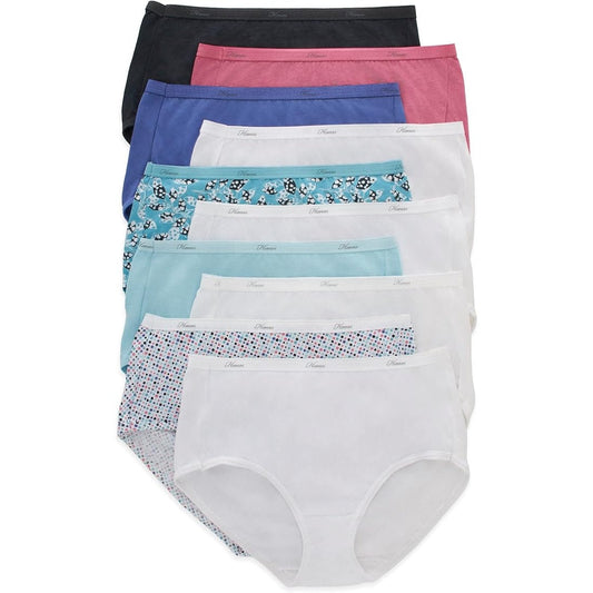 New 10-Pack Hanes Women Large Size 7 Solid Floral Tagless Cotton Brief Underwear