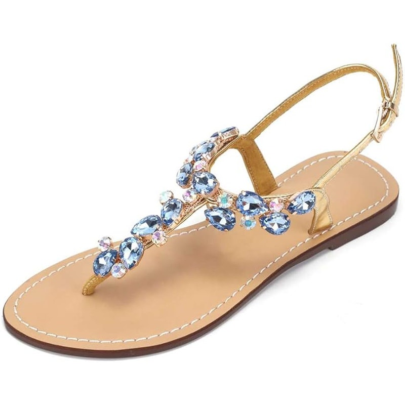 Aijivou Womens Size 9.5 Blue Rhinestone Sandals Flip Flop Open Round Toe Shoes