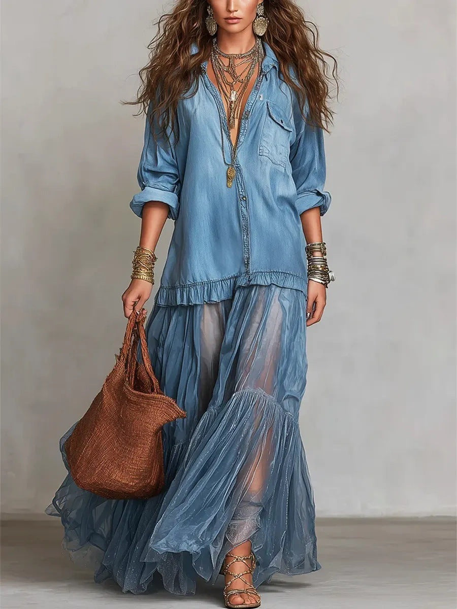Women's Retro Lapel Collar Faux Denim Maxi Dress Casual Pocketed Dress