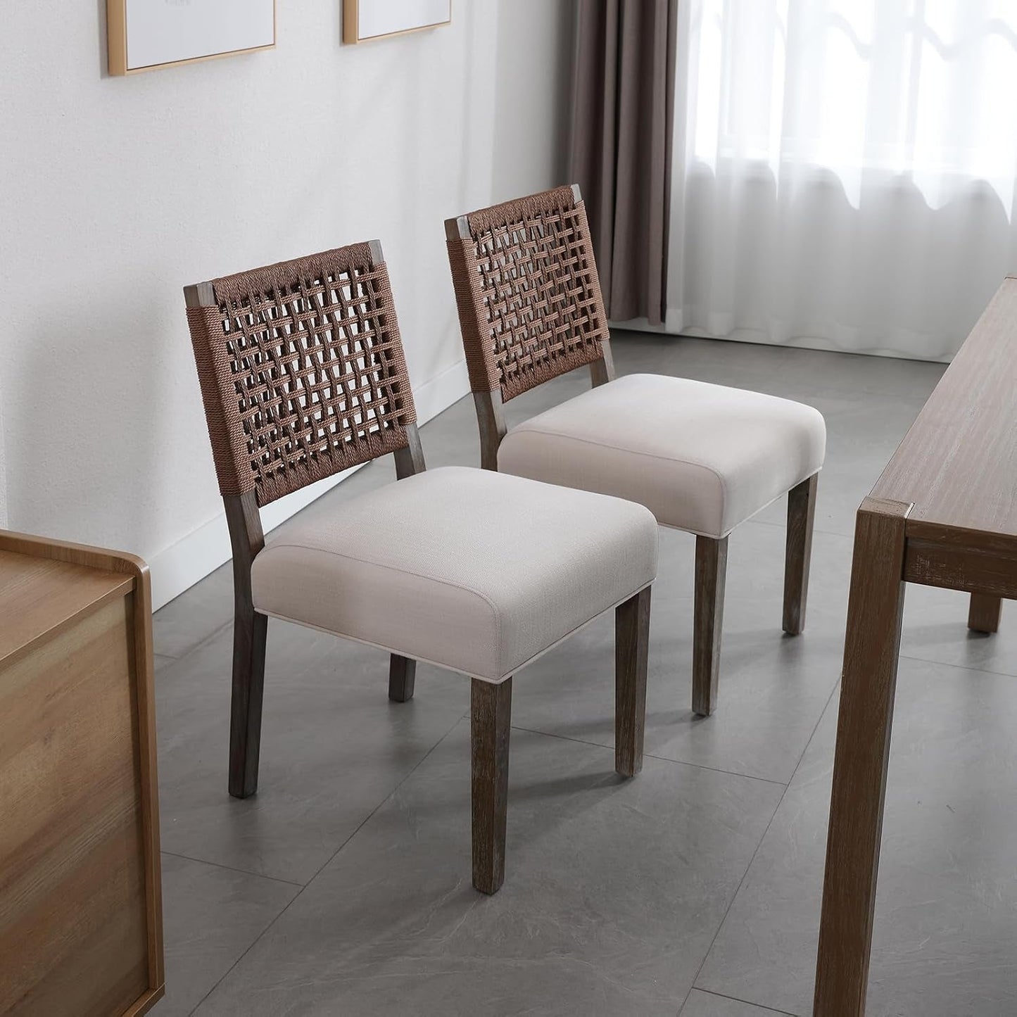 Beige Linen Upholstered Dining Chairs Midcentury Modern-3