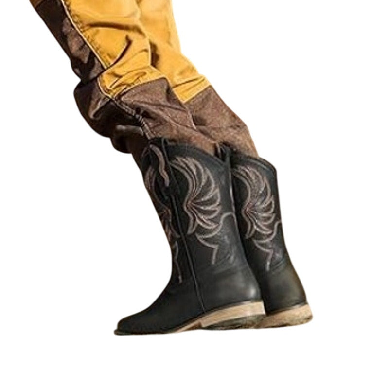 Rollda Boys Size 1 Black Faux Leather Embroidered Low Heel Western Cowboy Boots