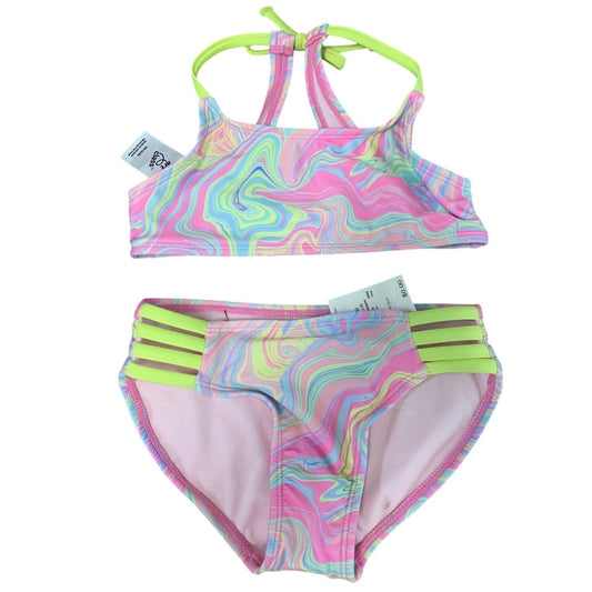 New Art Class Girls XS (4/5) UPF 50+ Pastels on Pink Swirl Bikini 2PC Swimsuit