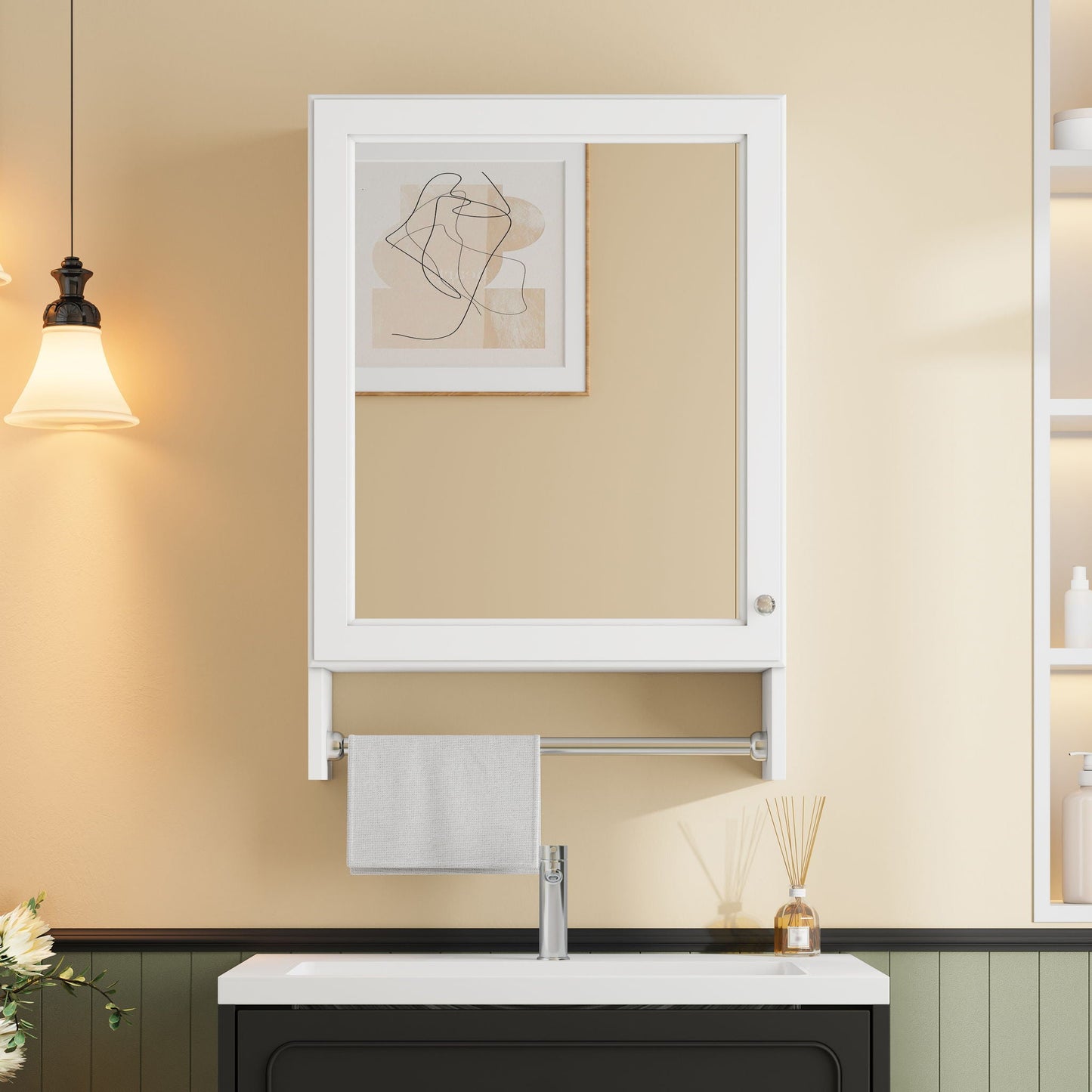 3 In 1 Wall Mounted Bathroom Mirror Cabinet With Adjustable Shelf, Soft Close Door, Mirror & Towel Bar - White