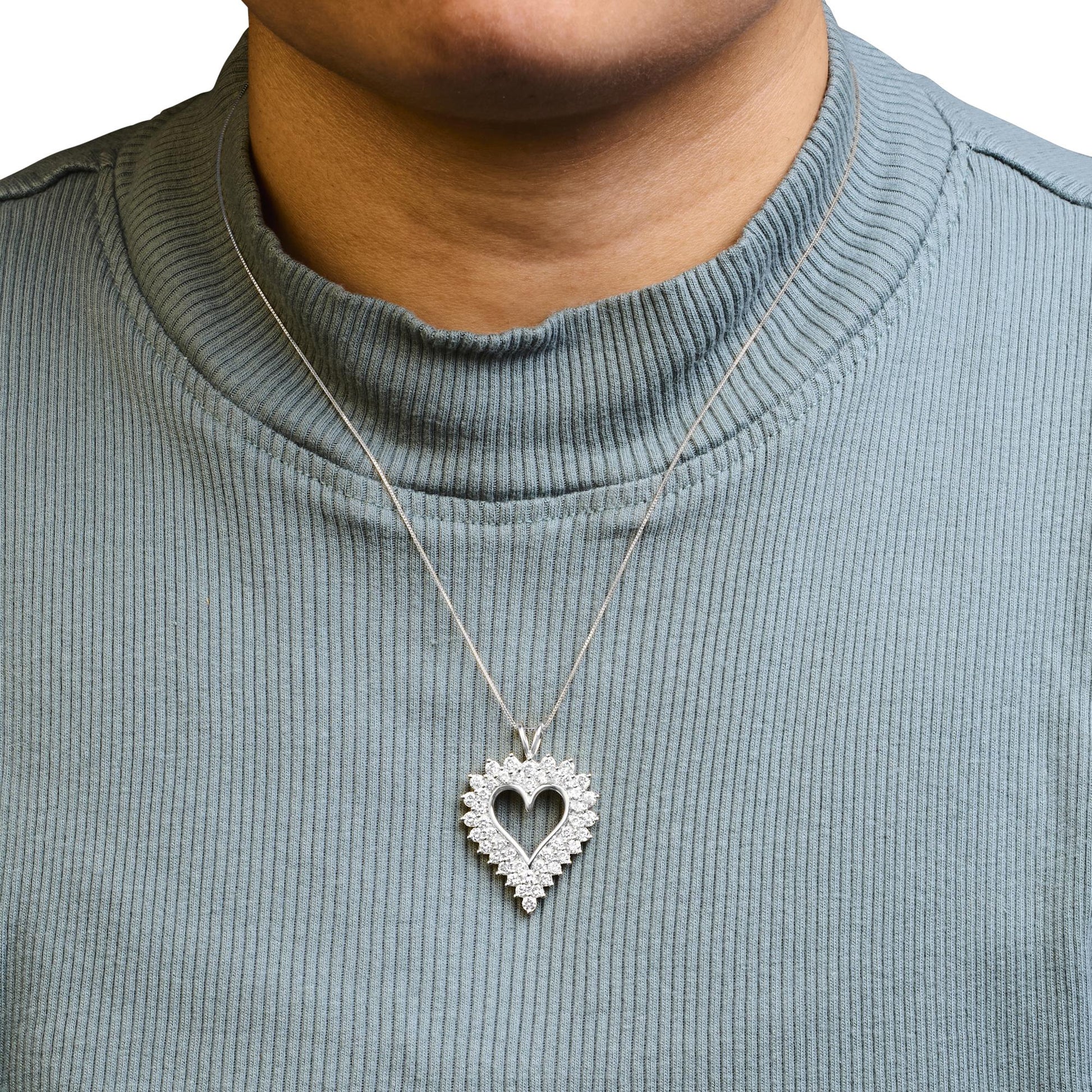 .925 Sterling Silver 3.00 Cttw Round Cut Diamond Cluster Heart 18" Pendant Necklace (K-L Color, I1-I2 Clarity)-2