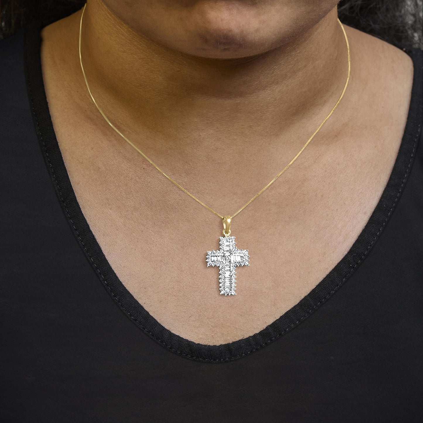 14K Yellow Gold 2.0 Cttw Multi-Row Diamond Cross Pendant Necklace-2