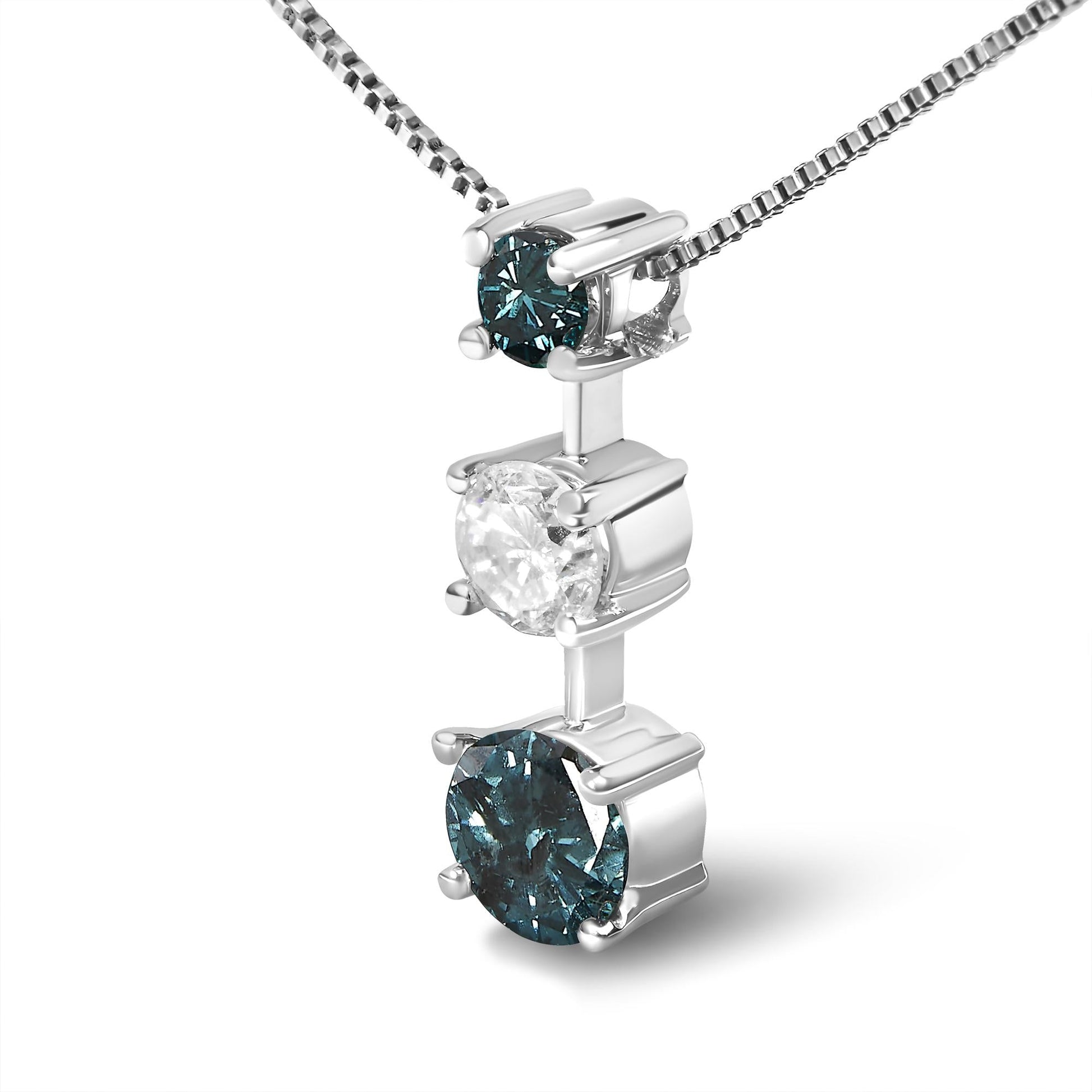 14K White Gold 1 1/2 Cttw Treated Blue and White Diamond 3-Stone 18" Pendant Necklace (Blue/H-I Color, I1-I2 Clarity)-3