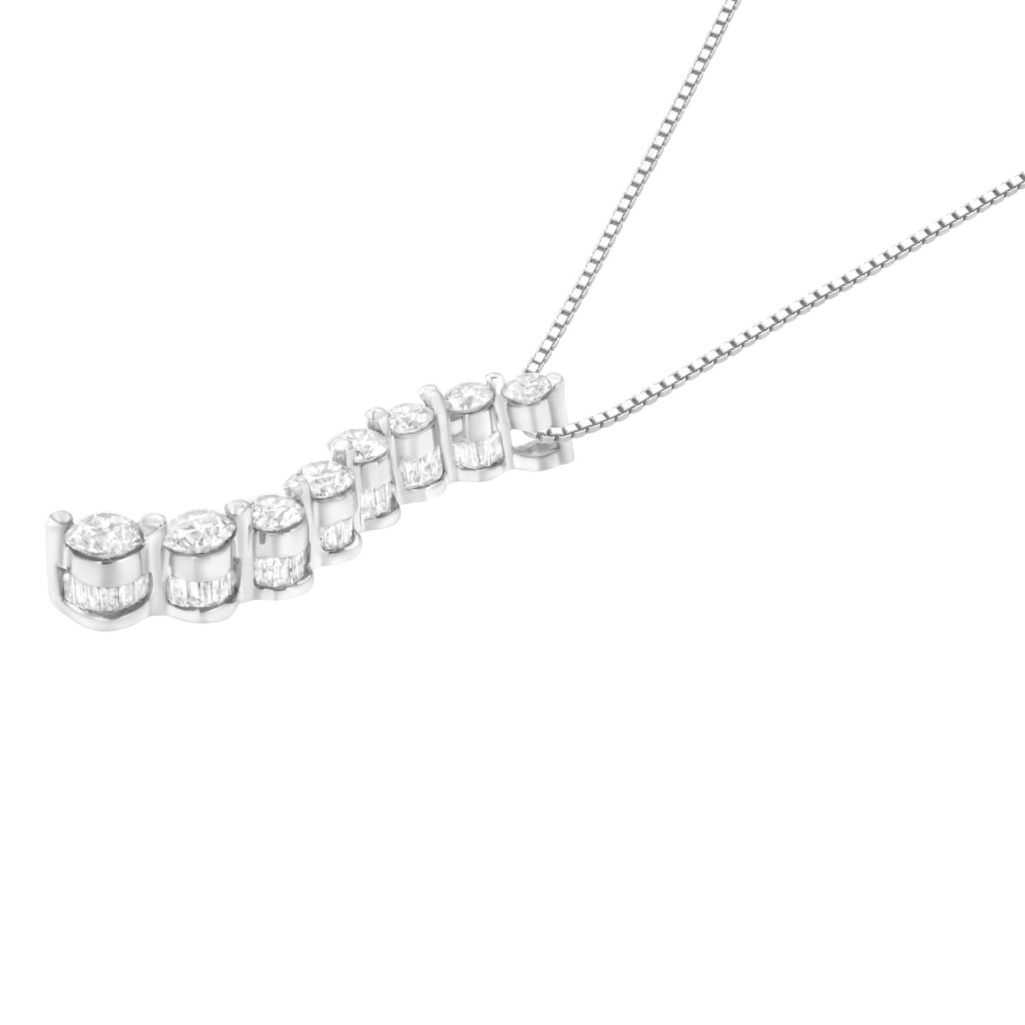 14K White Gold 3.0 Cttw Round-Brilliant & Baguette Cut Diamond S Shaped Graduated 18" Pendant Necklace (I-J Color, I2-I3 Clarity)-3