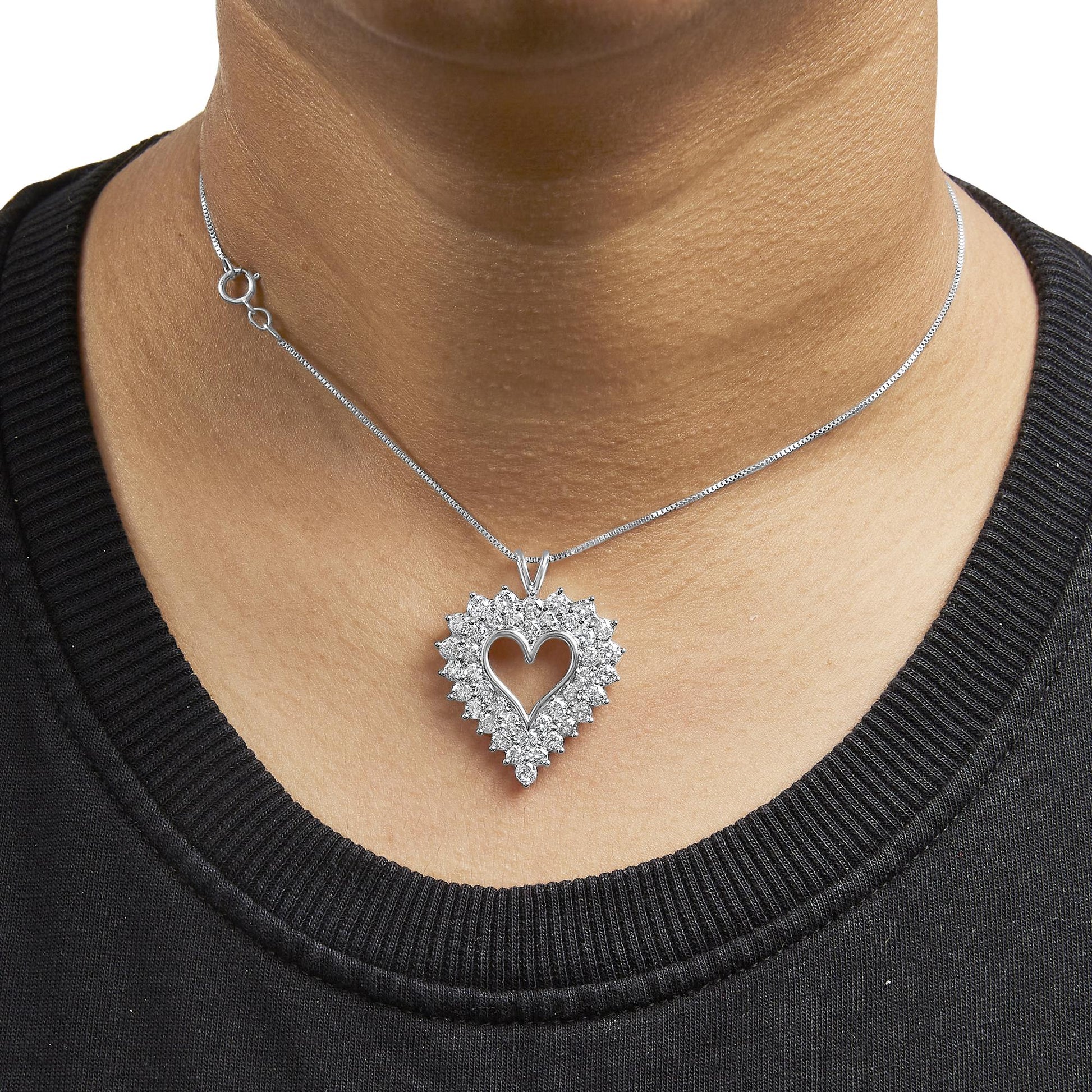 925 Sterling Silver 4.0 Cttw Diamond Two Row Open Heart 18" Pendant Necklace (I-J Color, I2-I3 Clarity)-2