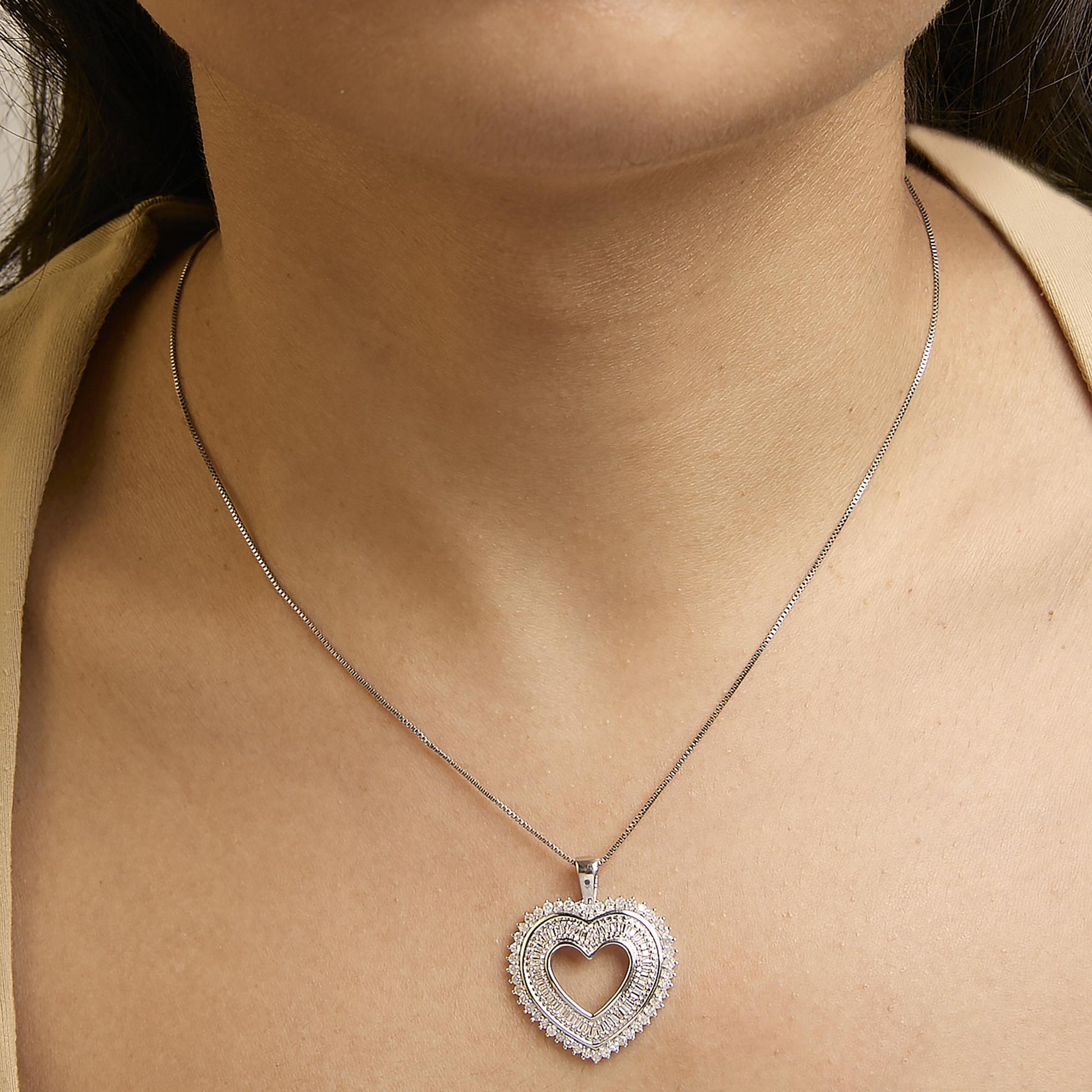 .925 Sterling Silver 1.0 Ctw Diamond Shadow Open Heart Halo 18" Pendant Necklace (I-J Color, I1-I2 Clarity)-2