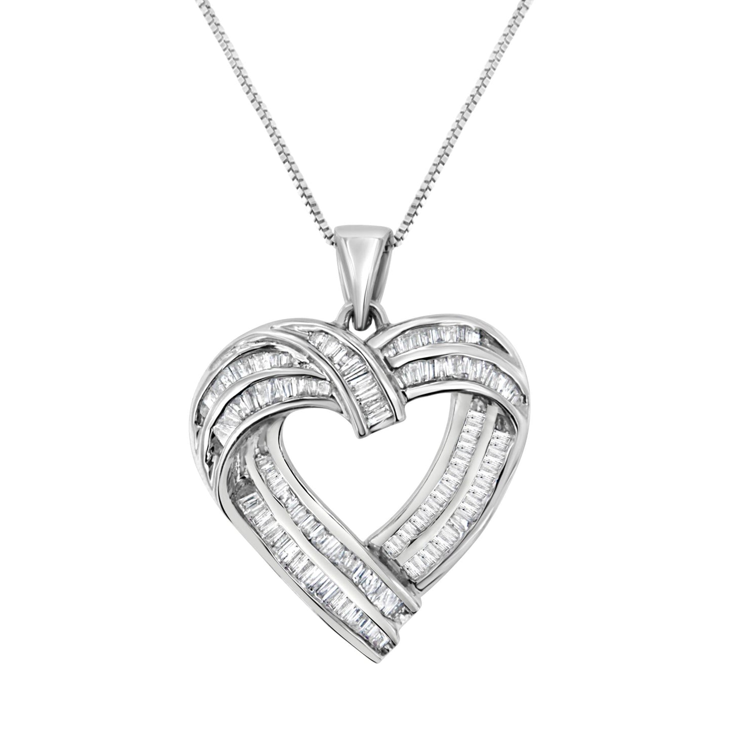Sterling Silver 7/8 cttw Baguette Diamond Heart Pendant Necklace (I-J, I2-I3)-0