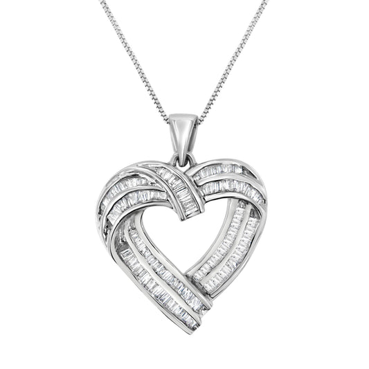 Sterling Silver 7/8 cttw Baguette Diamond Heart Pendant Necklace (I-J, I2-I3)-0