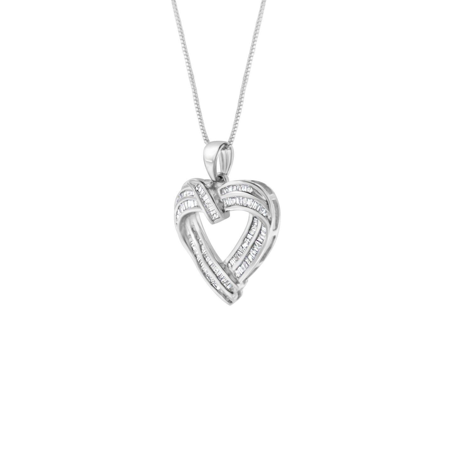 Sterling Silver 7/8 cttw Baguette Diamond Heart Pendant Necklace (I-J, I2-I3)-3