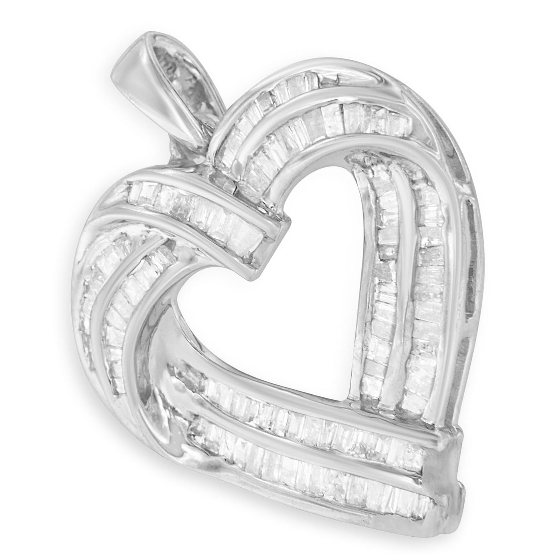 Sterling Silver 7/8 cttw Baguette Diamond Heart Pendant Necklace (I-J, I2-I3)-4