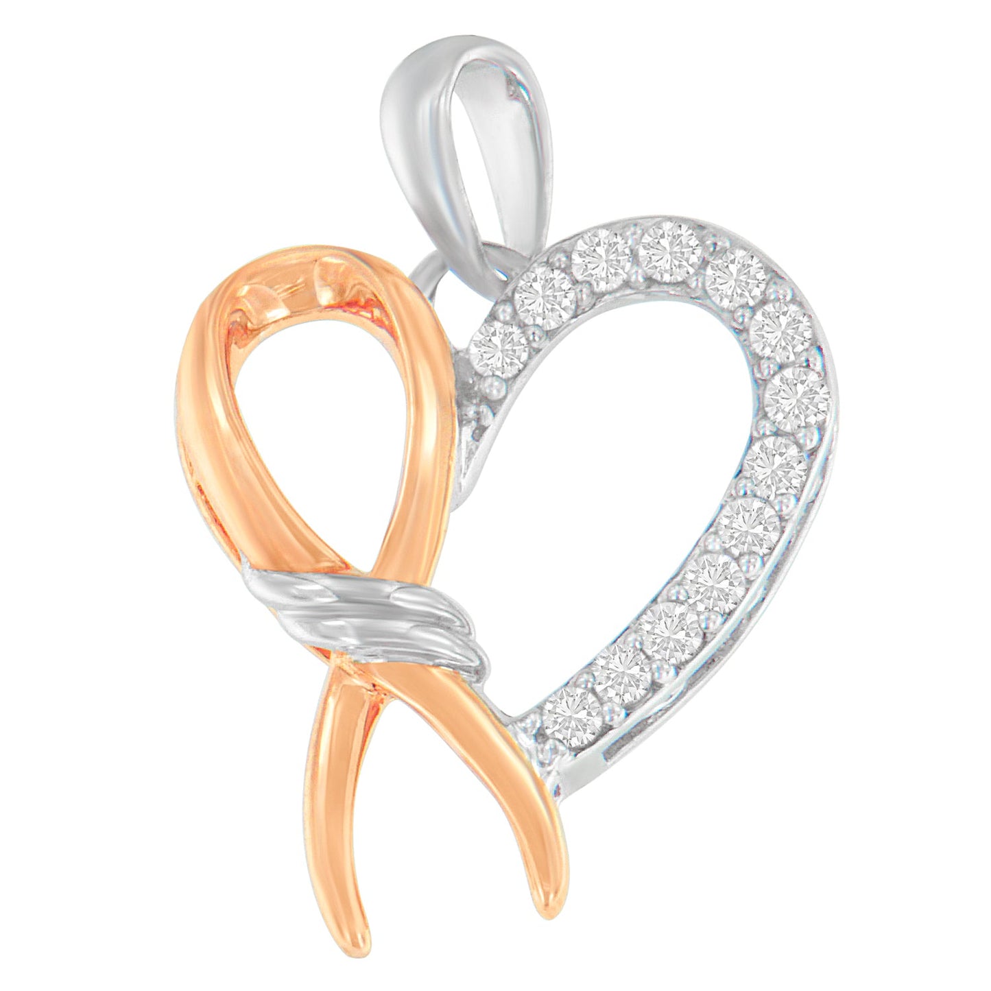 Two-Toned .925 Sterling Silver 1/5 cttw Round Cut Diamond Ribbon Heart Accent Pendant Necklace (H-I, I2-I3)-0