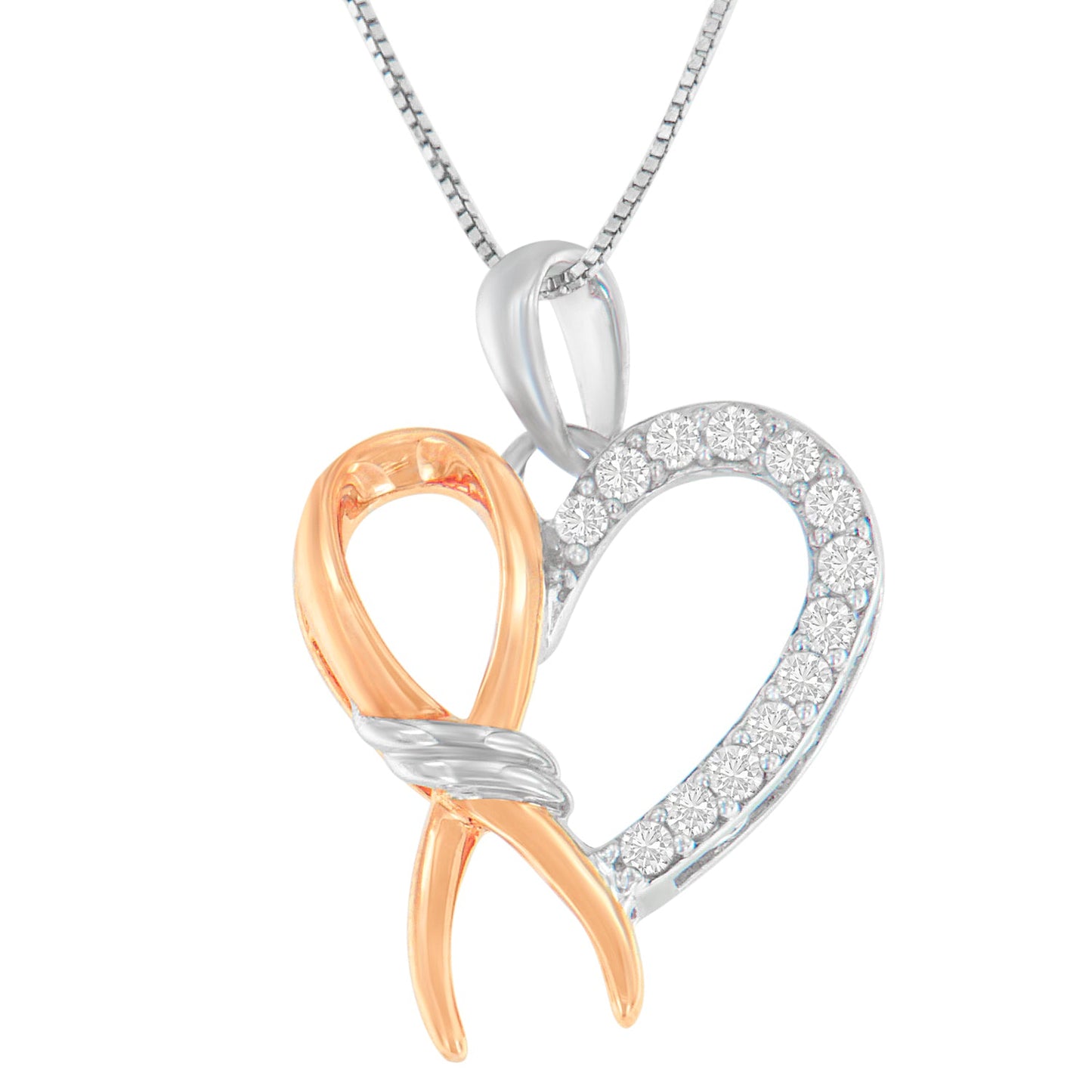 Two-Toned .925 Sterling Silver 1/5 cttw Round Cut Diamond Ribbon Heart Accent Pendant Necklace (H-I, I2-I3)-1