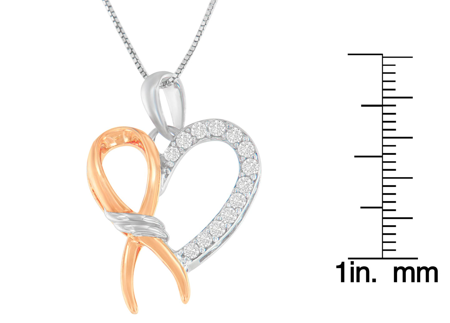 Two-Toned .925 Sterling Silver 1/5 cttw Round Cut Diamond Ribbon Heart Accent Pendant Necklace (H-I, I2-I3)-3