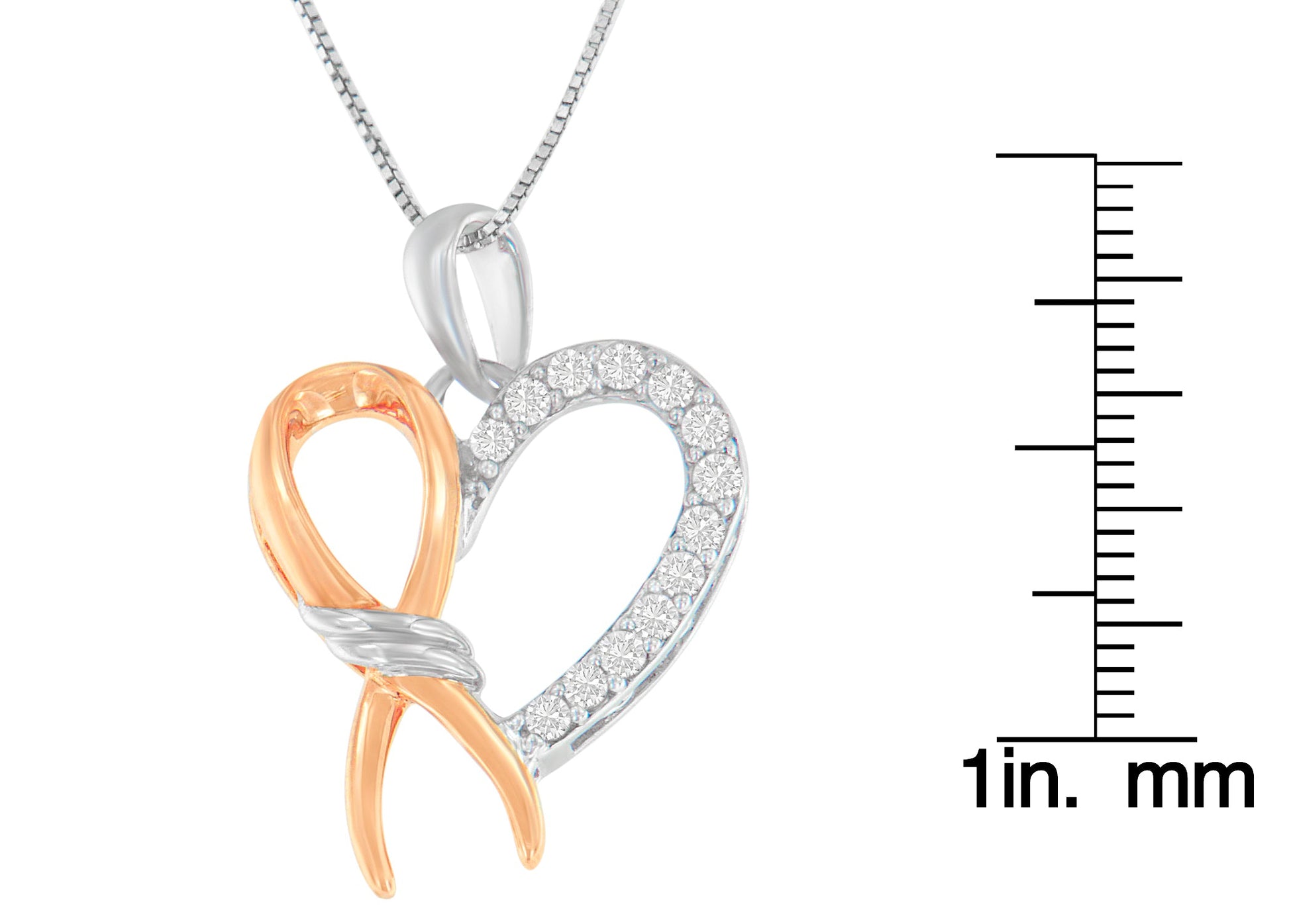 Two-Toned .925 Sterling Silver 1/5 cttw Round Cut Diamond Ribbon Heart Accent Pendant Necklace (H-I, I2-I3)-3