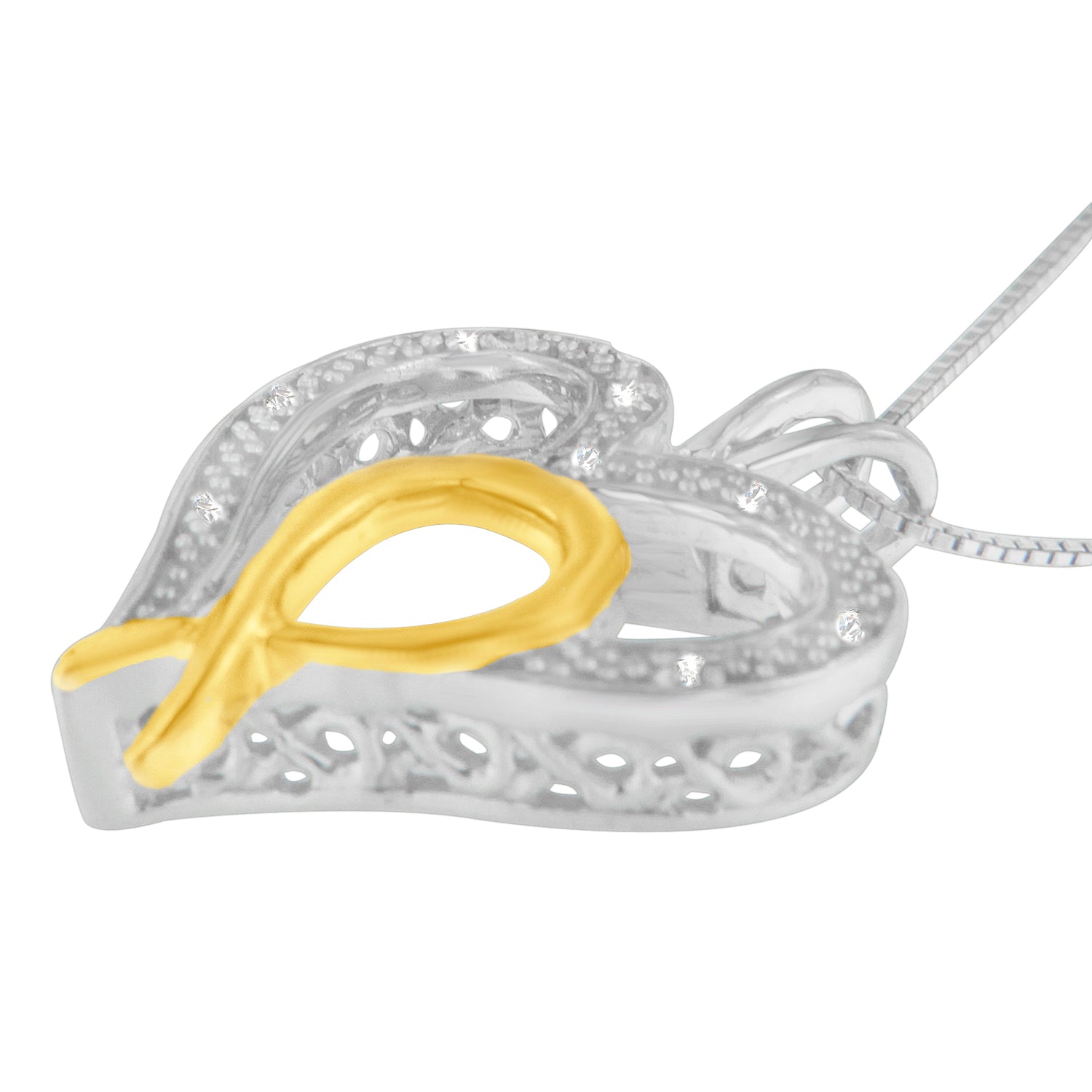 .925 Sterling Silver Two Toned 1/25 cttw Diamond Heart-Ribbon Pendant Necklace (I-J, I2-I3)-2