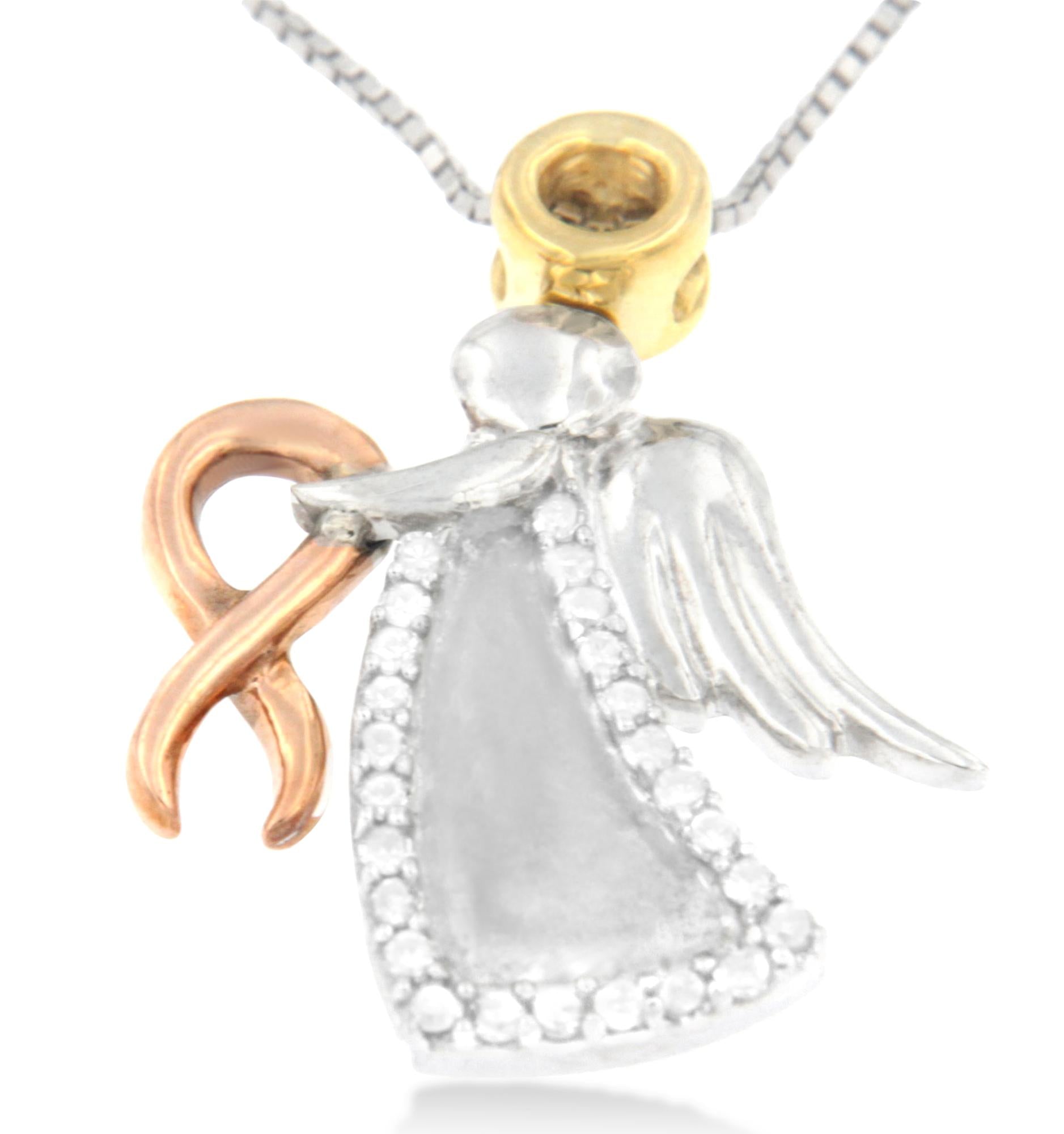 10K Tri-Color Gold Diamond-Accented Angel Awareness Ribbon Pendant Necklace (H-I Color, I1-I2 Clarity)-3