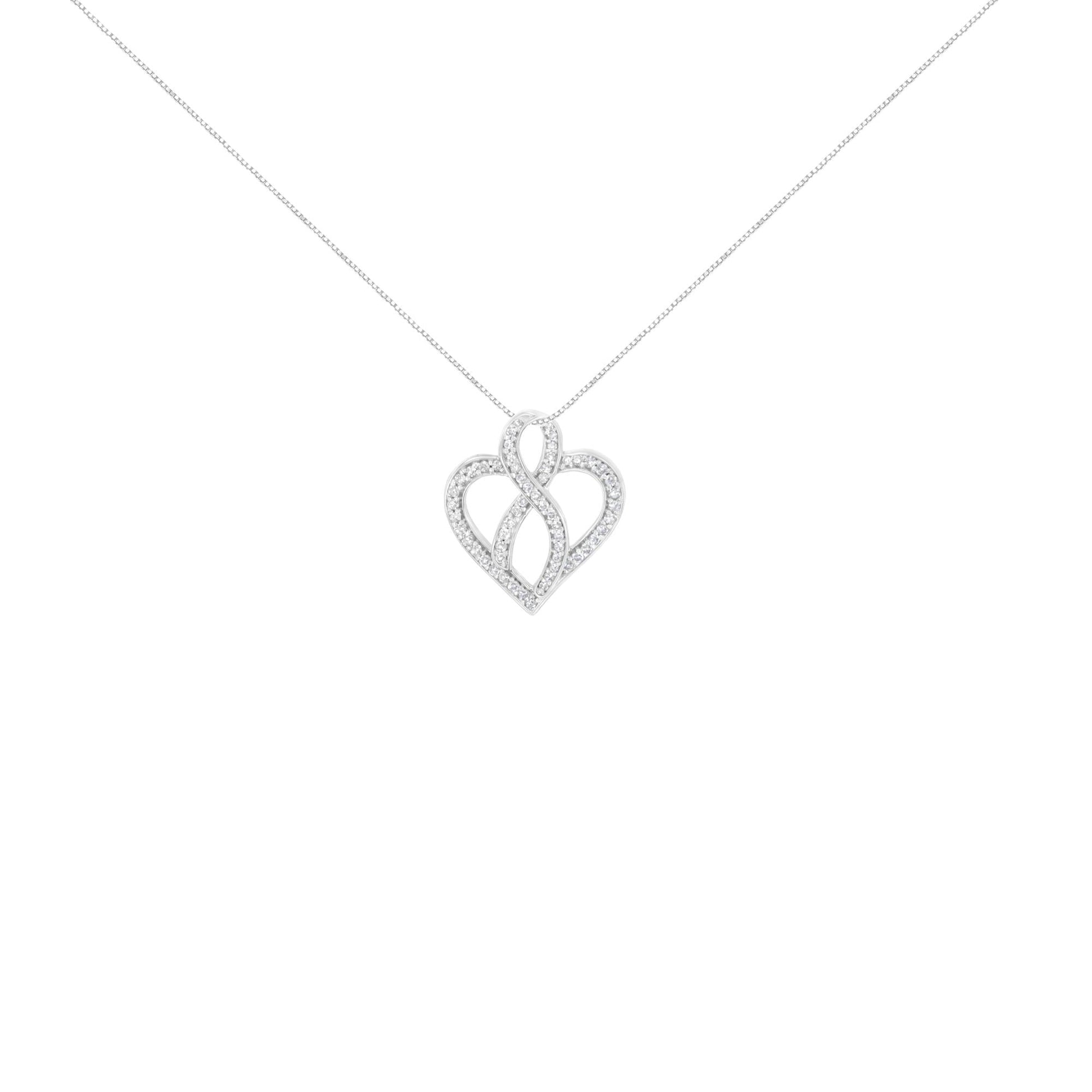 14K White Gold 1/4 cttw Round Cut Diamond Heart and Ribbon Center Pendant Necklace (H-I, I1-I2)-1
