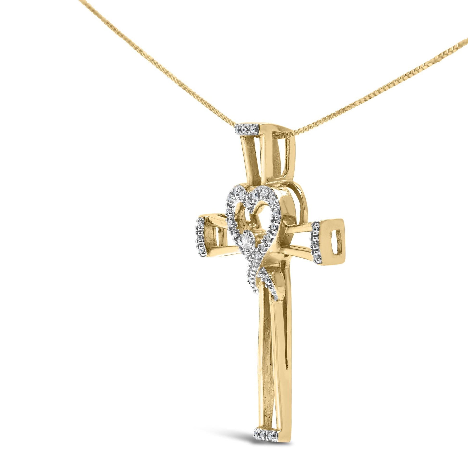 14K Yellow Gold Plated .925 Sterling Silver 1/6 Cttw Diamond Interlocking Heart and Ribbon Cross Pendant Necklace (H-I Color, I2-I3 Clarity) - 18" Inches-3