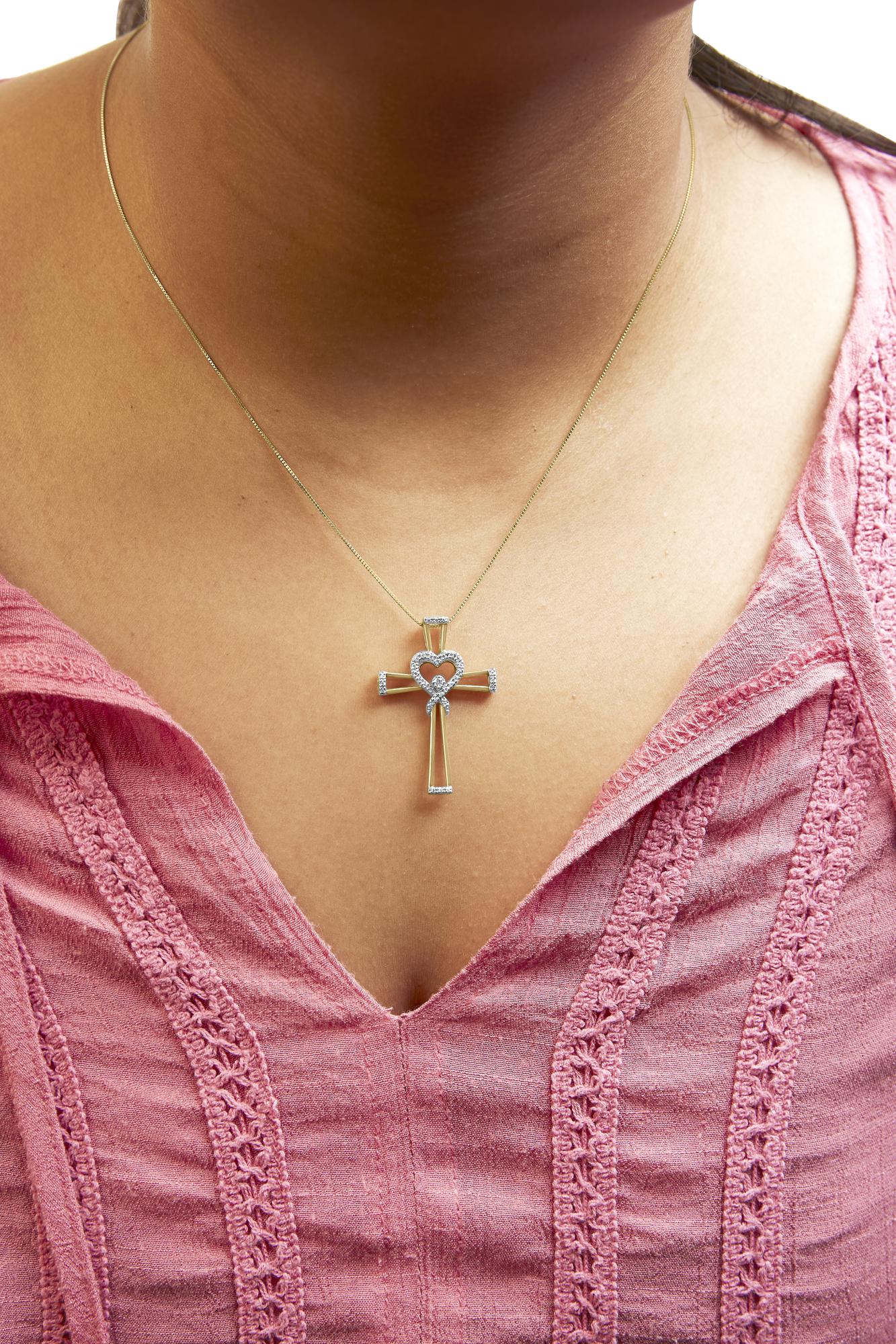 14K Yellow Gold Plated .925 Sterling Silver 1/6 Cttw Diamond Interlocking Heart and Ribbon Cross Pendant Necklace (H-I Color, I2-I3 Clarity) - 18" Inches-2