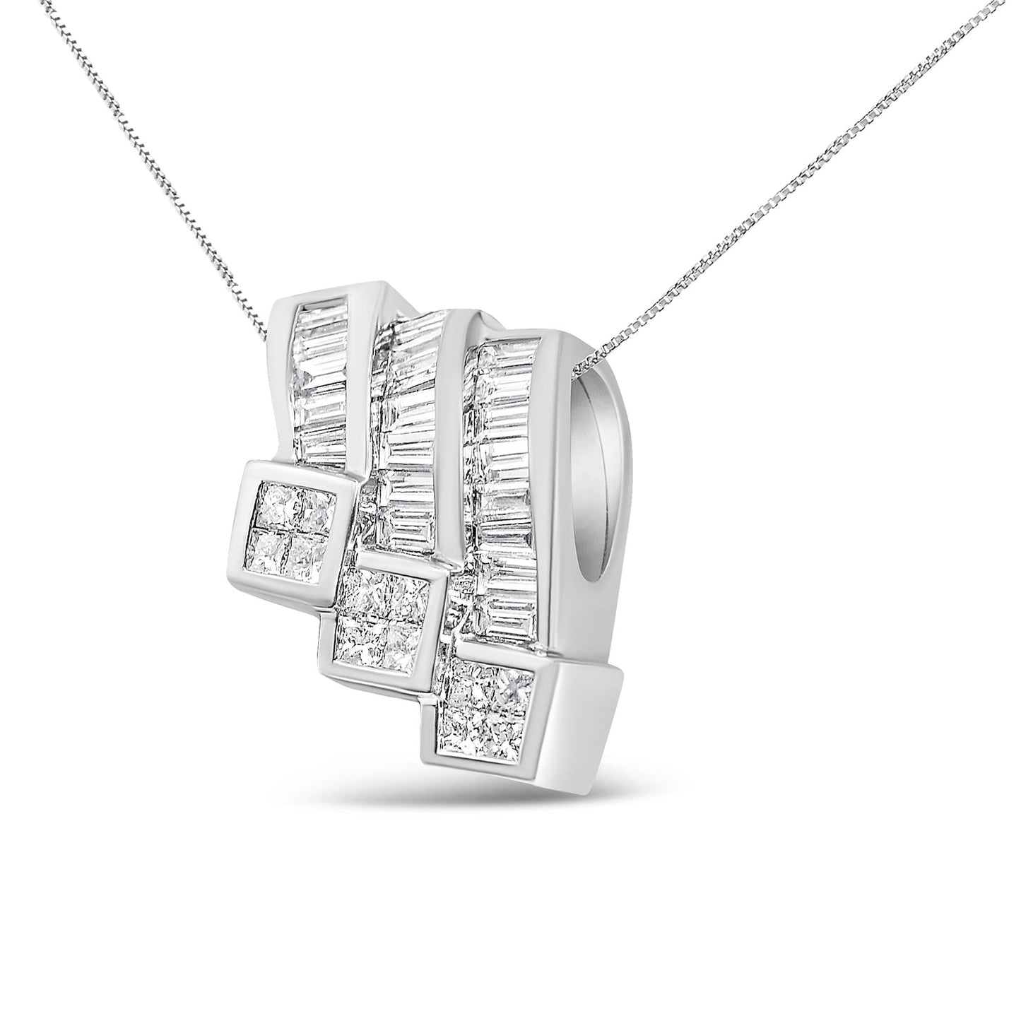14K White Gold 1 1/2 Cttw Invisible Set Princess and Channel Set Baguette-cut Diamond Triple Curve Pendant Necklace (G-H Color, SI1-SI2 Clarity) - NO CHAIN INCLUDED-1