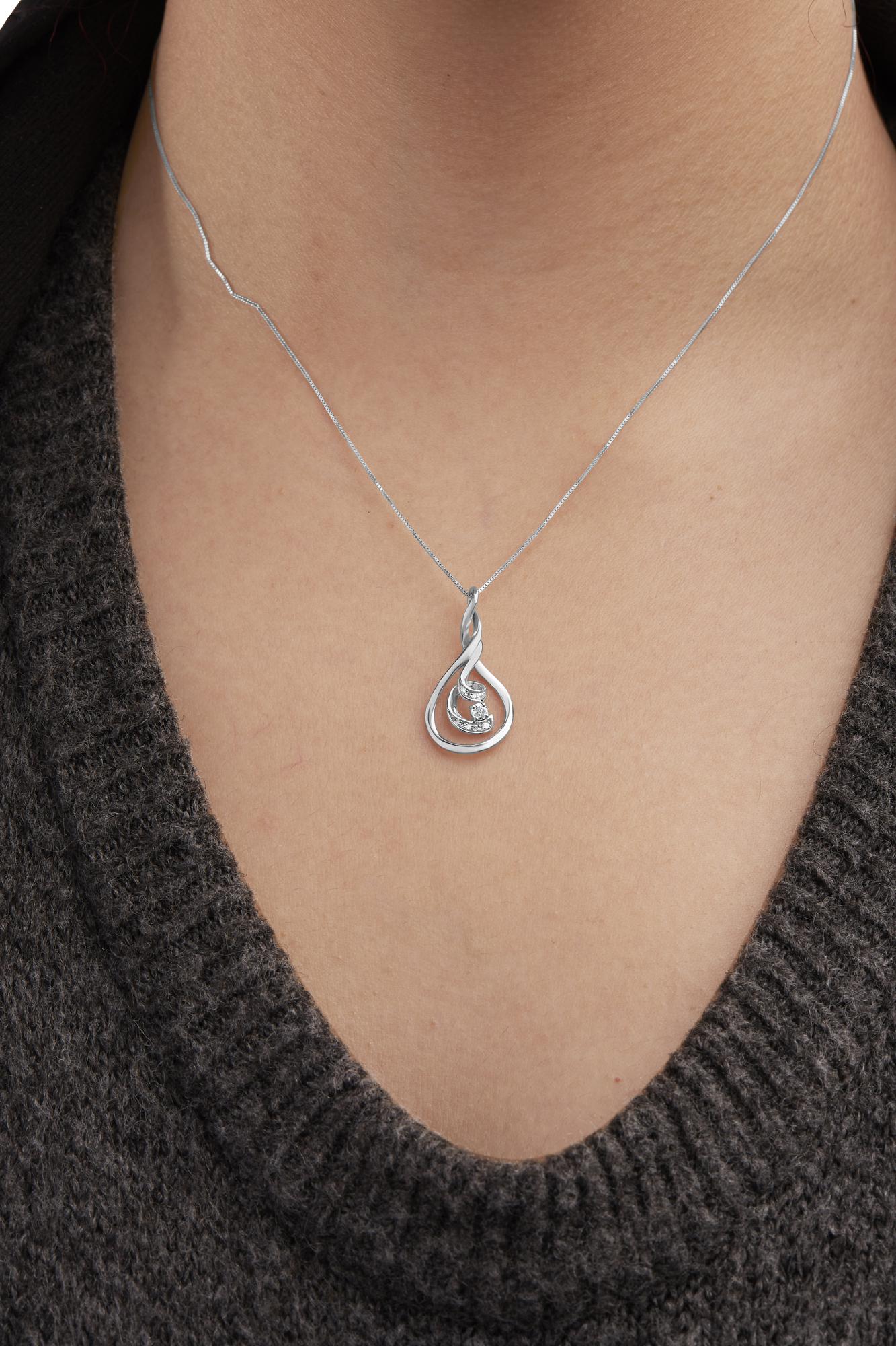 Espira 10K White Gold 1/8 cttw Round Cut Diamond Layered Spiral Pendant Necklace (I-J, I1-I2)-2