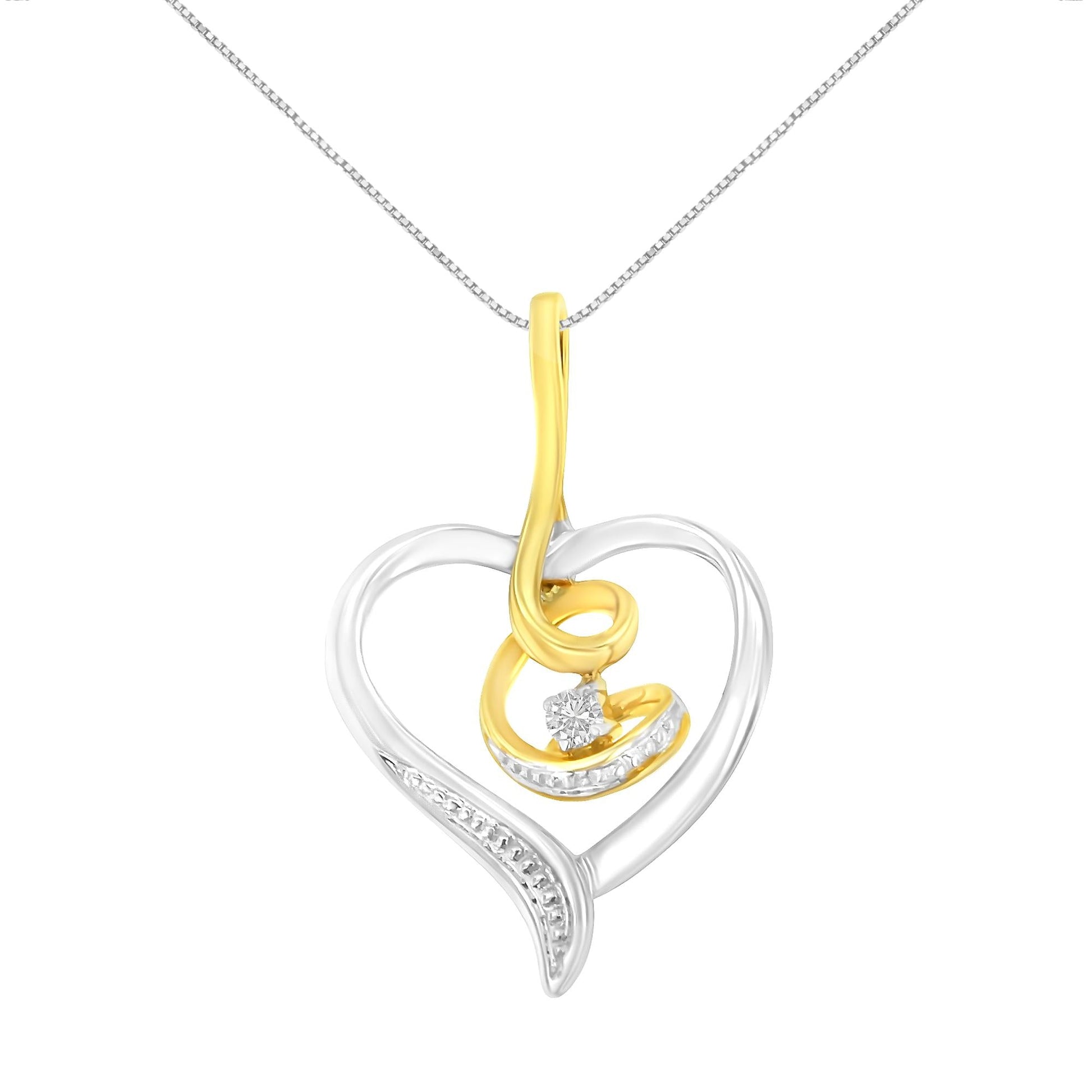 Espira 10K Two-Tone Yellow & White Gold .03 Cttw Diamond-Accented Round-Cut Diamond Swirl Open Heart 18" Pendant Necklace (I-J Color, I2-I3 Clarity)-0