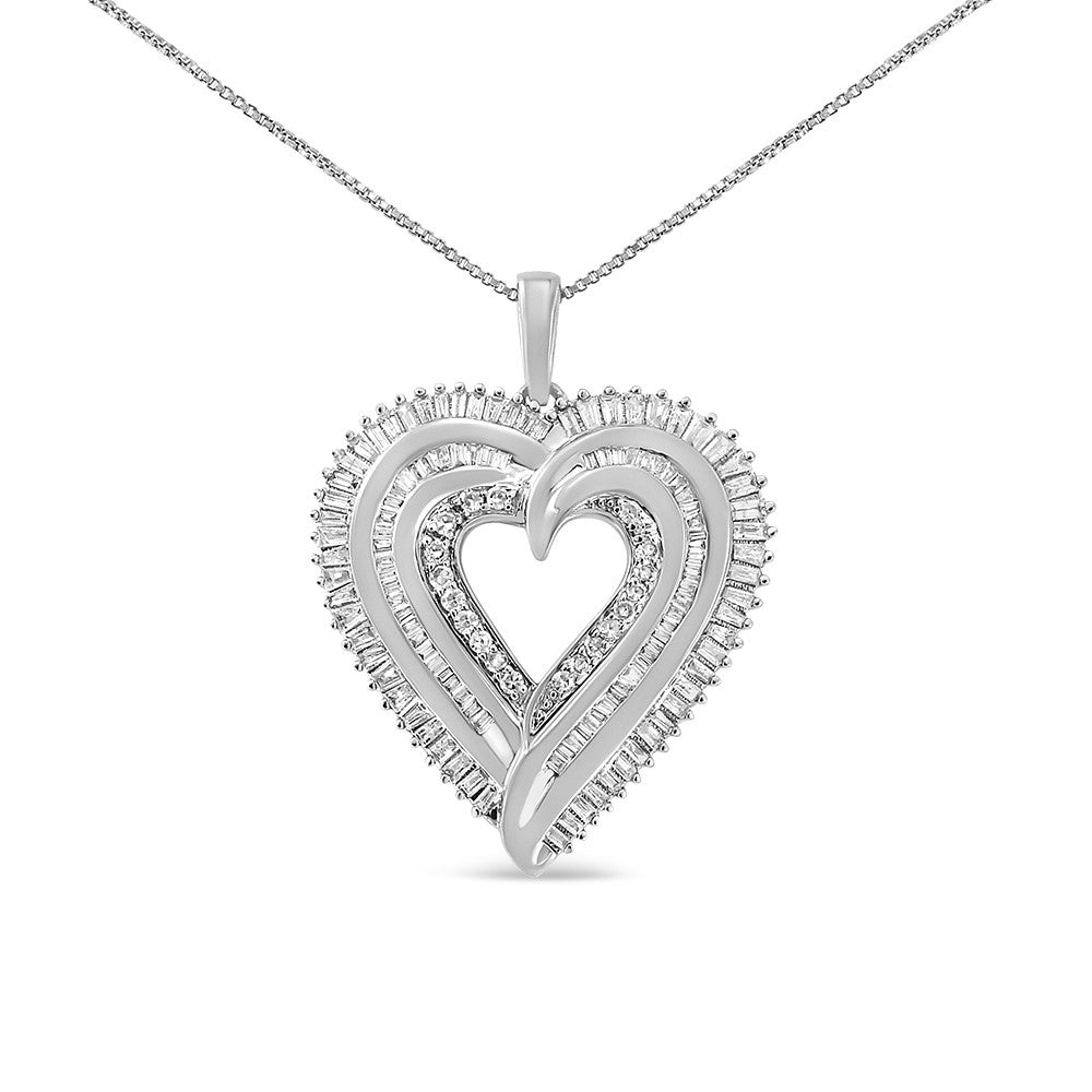 .925 Sterling Silver 1 1/2 Cttw Baguette Diamond Composite Heart 18" Inch Pendant Necklace (I-J Color, I1-I2 Clarity)-1
