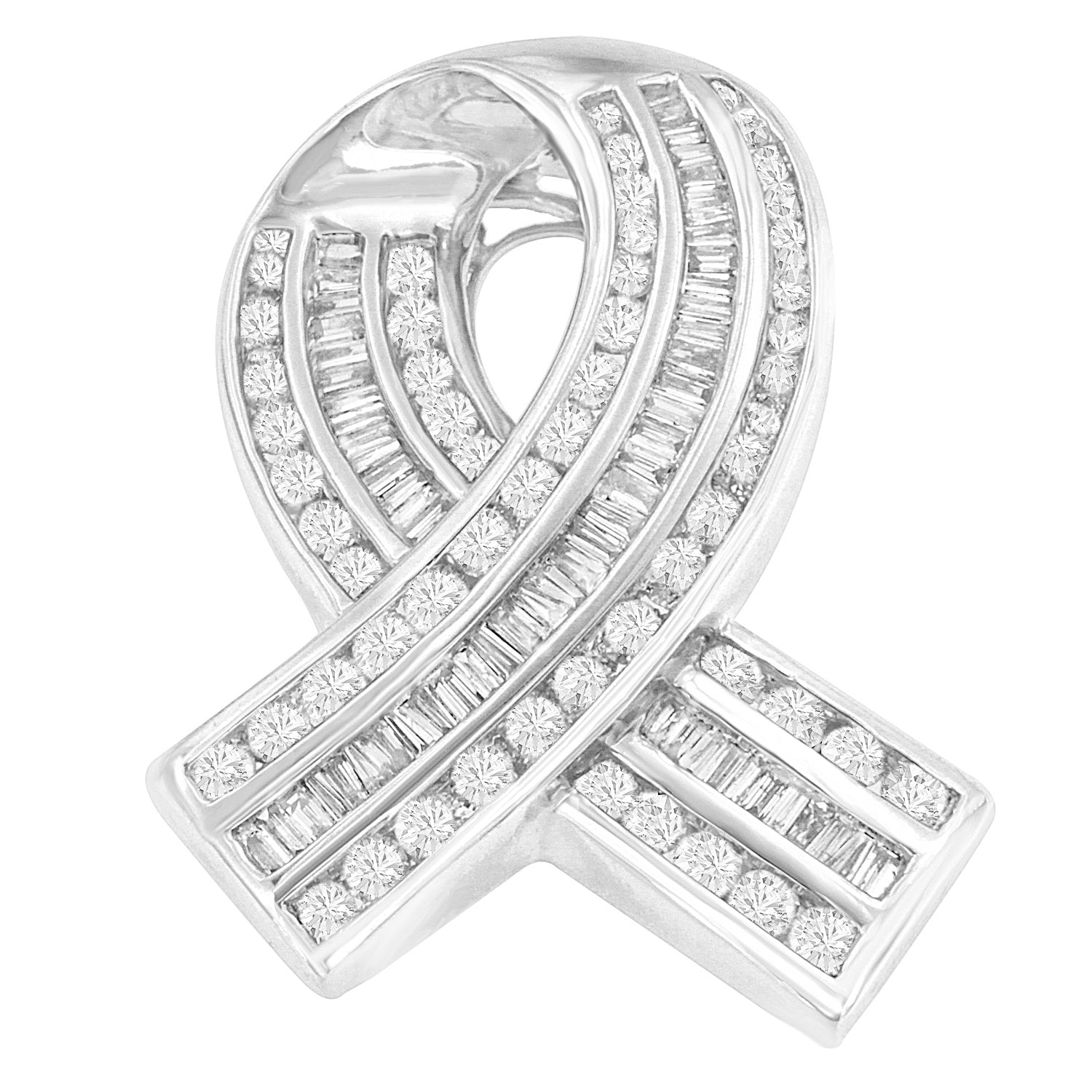14K White Gold 2 5/8 Cttw Channel Set Round and Baguette Diamond Awareness Ribbon Pendant (H-I Color, I1-I2 Clarity) - Chain Not Included-3