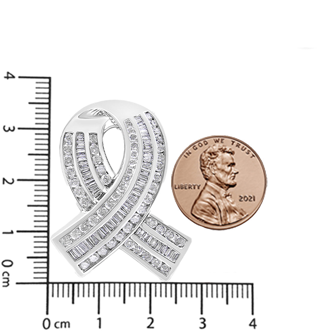 14K White Gold 2 5/8 Cttw Channel Set Round and Baguette Diamond Awareness Ribbon Pendant (H-I Color, I1-I2 Clarity) - Chain Not Included-4
