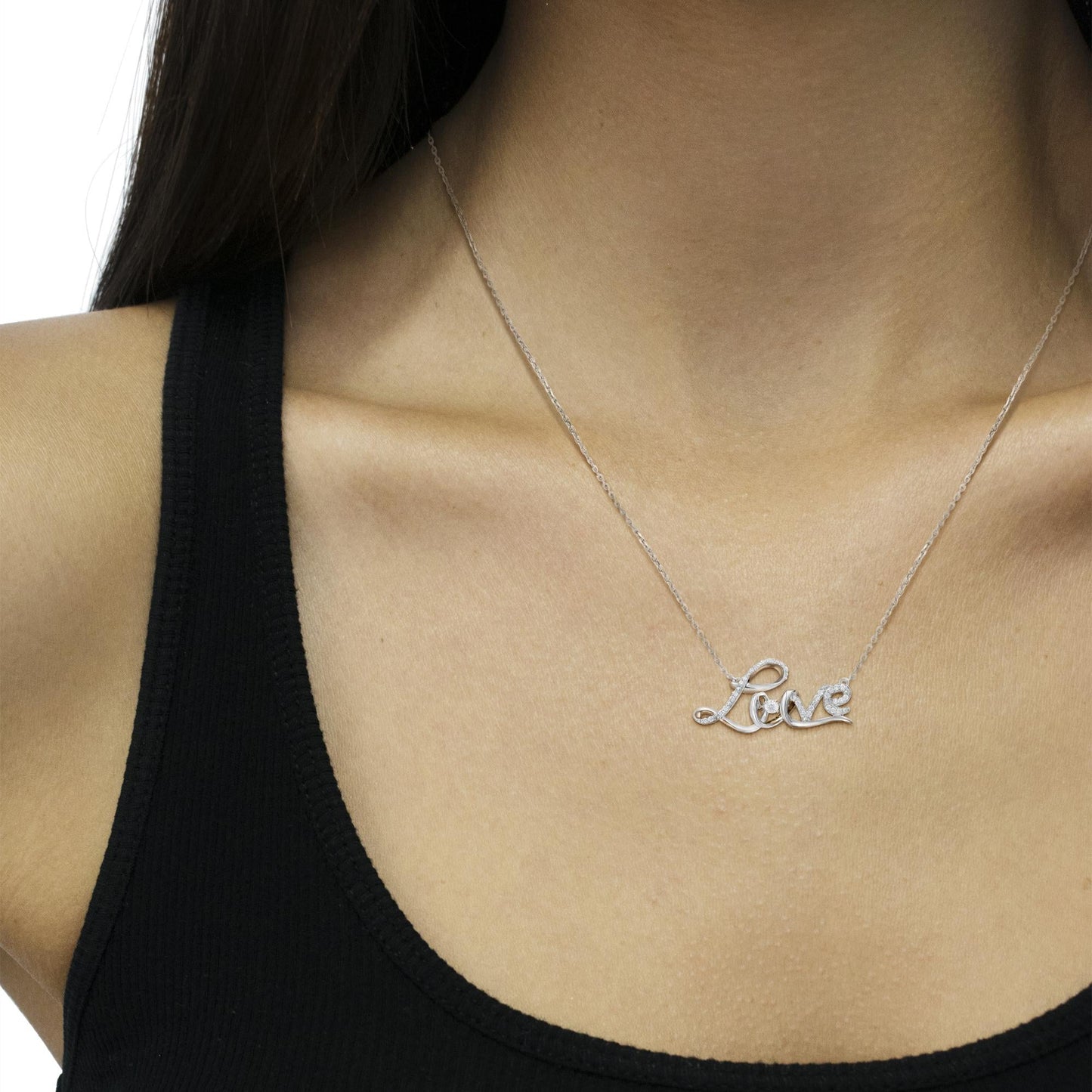 .925 Sterling Silver 1/4 Cttw Diamond Cursive "Love" 18" Pendant Necklace (H-I Color, I1-I2 Clarity)-2