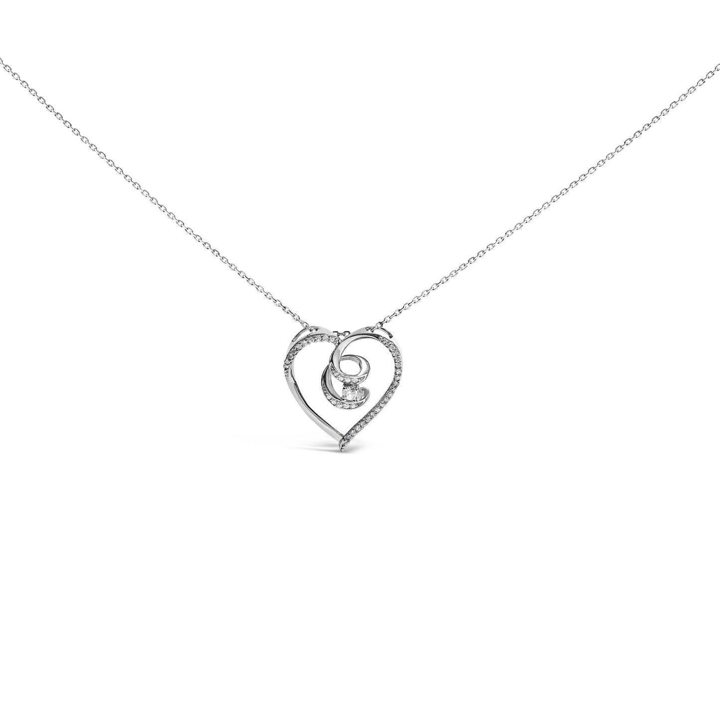 .925 Sterling Silver 1/4 Cttw Brilliant-Cut Diamond Open Heart Twisted Awareness Ribbon 18" Pendant Necklace (H-I Color, I1-I2 Clarity)-0