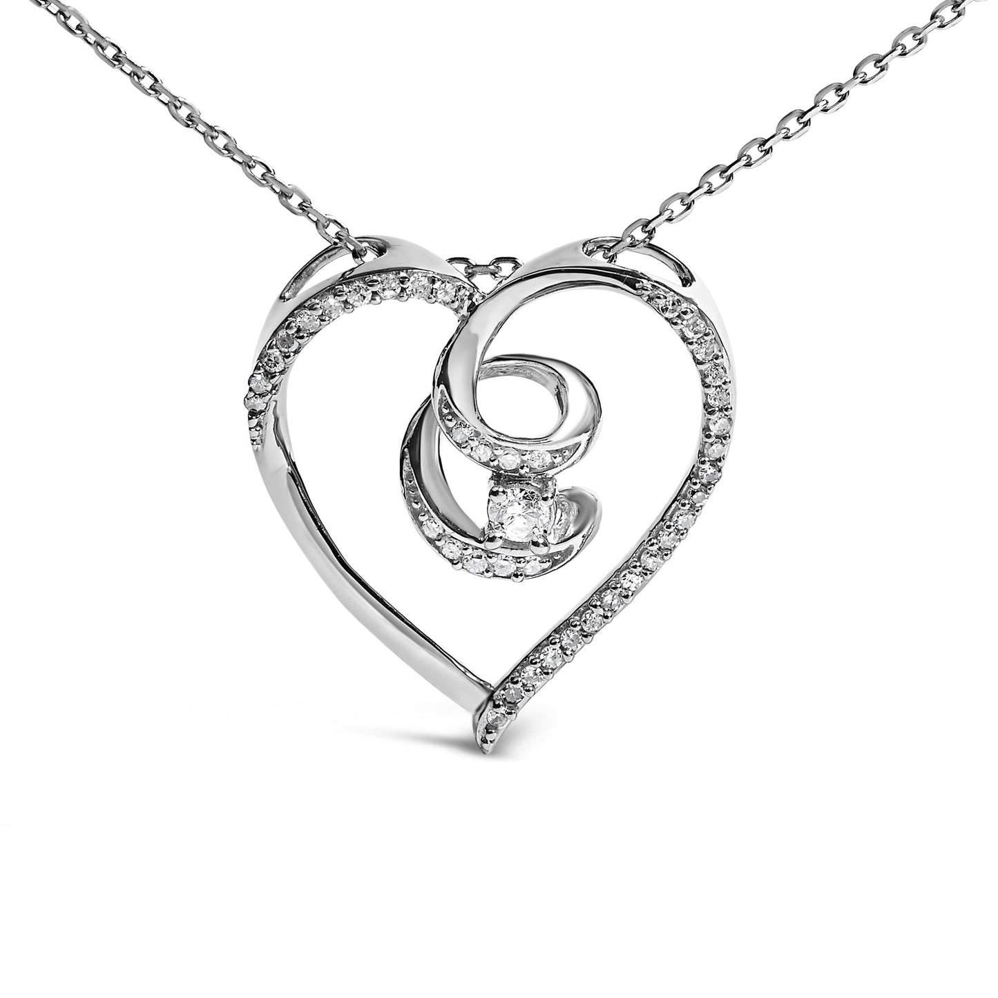 .925 Sterling Silver 1/4 Cttw Brilliant-Cut Diamond Open Heart Twisted Awareness Ribbon 18" Pendant Necklace (H-I Color, I1-I2 Clarity)-1