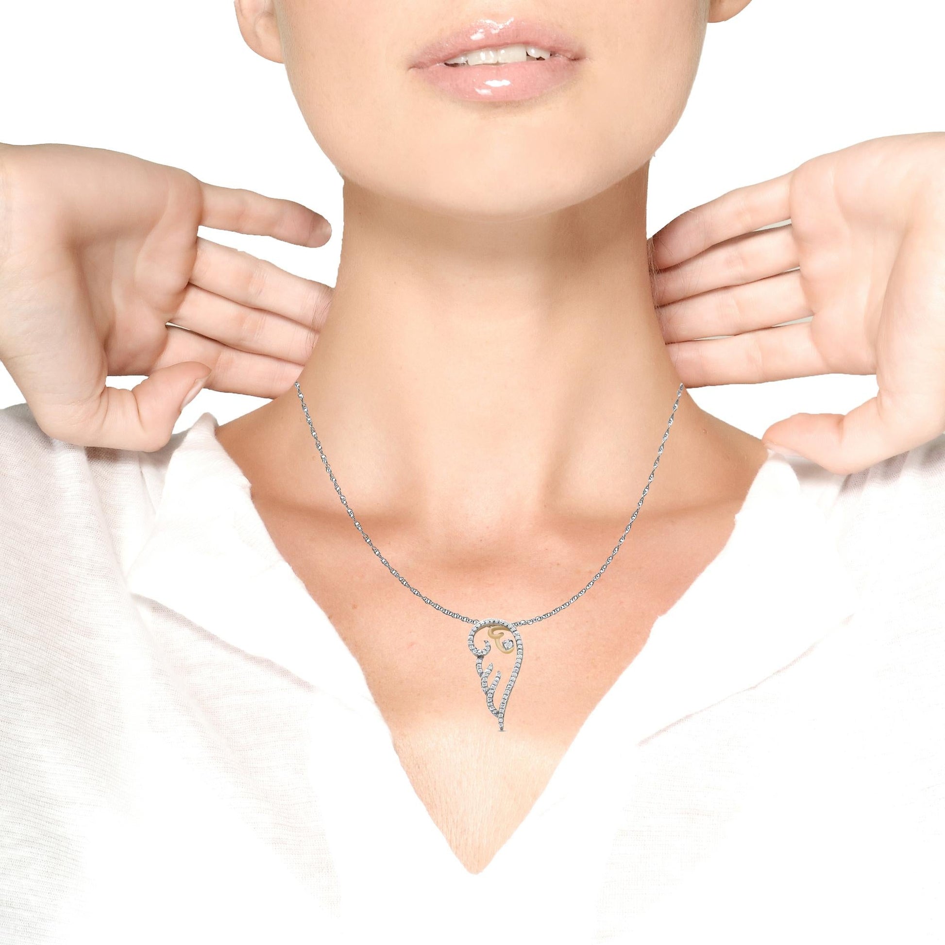 10K Yellow Gold over .925 Sterling Silver 1/4 Cttw Diamond Angel Wing 18" Pendant Necklace (H-I Color, I1-I2 Clarity)-2