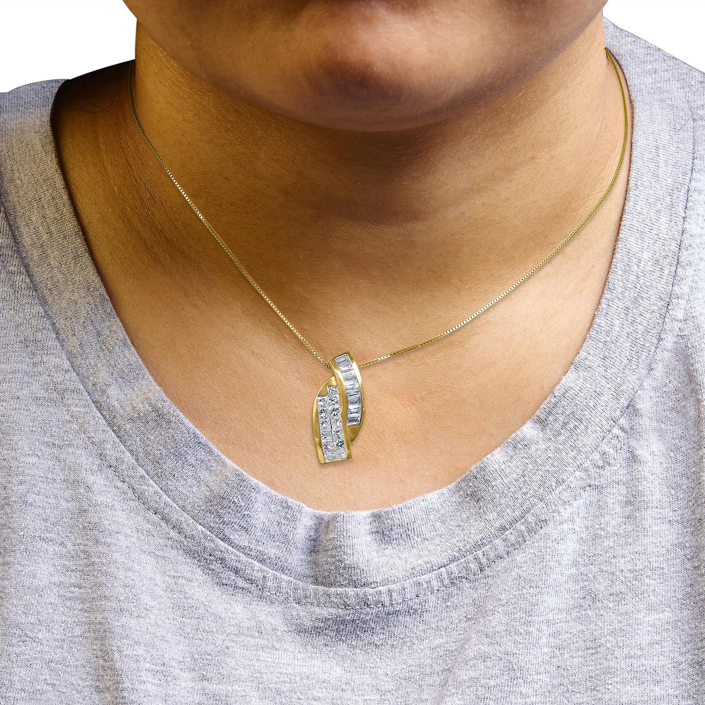 14k Yellow Gold 1 1/3 Cttw Princess and Baguette-cut Diamond Double Curved Pendant Necklace (H-I Color ,VS1-VS2 Clarity) - NO CHAIN INCLUDED-2
