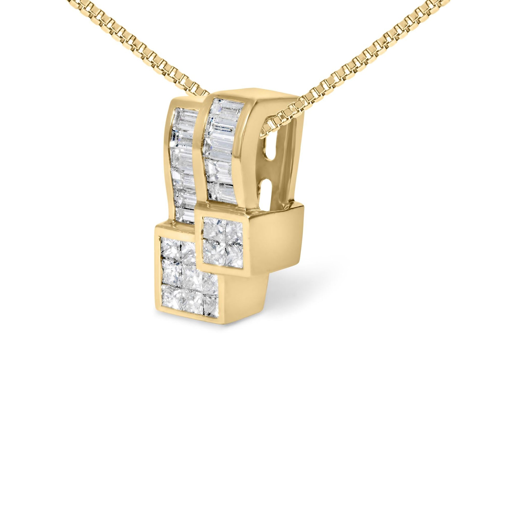 14K Yellow Gold 1 1/2 cttw Princess and Baguette Cut Diamond Geometric Pendant Necklace (H-I Color, VS1-VS2 Clarity)-3