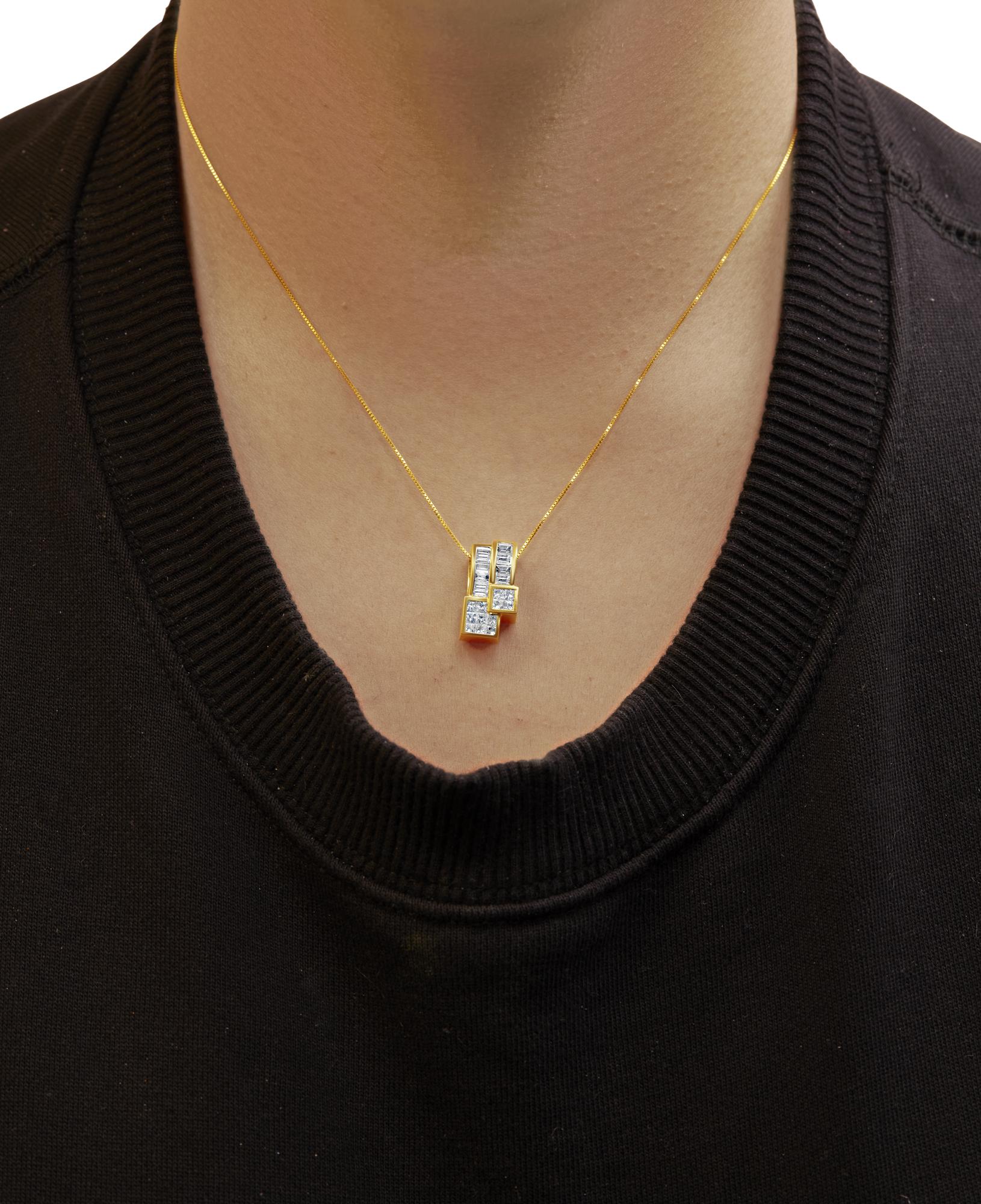 14K Yellow Gold 1 1/2 cttw Princess and Baguette Cut Diamond Geometric Pendant Necklace (H-I Color, VS1-VS2 Clarity)-2