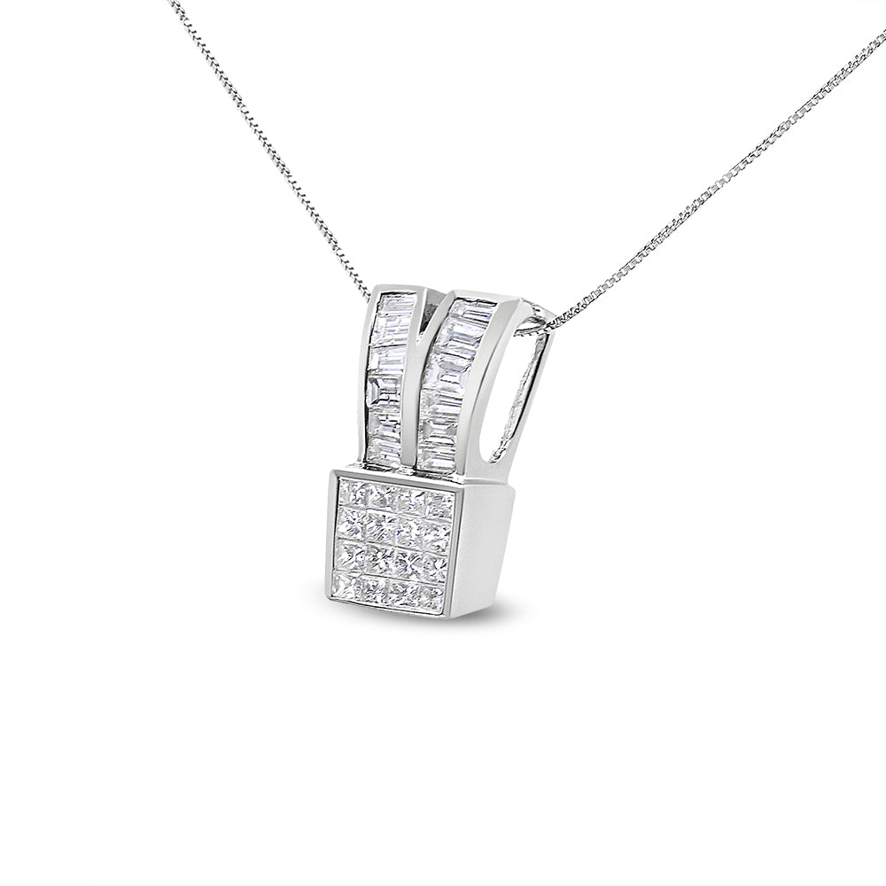 14K White Gold 1 5/8 cttw Princess and Baguette Cut Diamond Heart Ribbon Pendant Necklace (G-H, VS1-VS2)-1